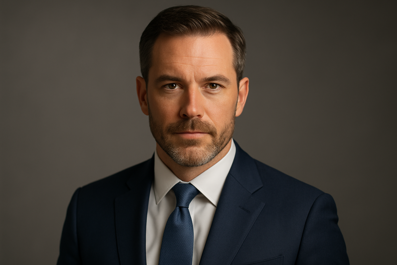Retrato de homem em traje formal, com terno azul escuro e gravata combinando, sobre fundo neutro. Iluminação suave destaca características faciais e expressões sérias, com composição centrada e focada em detalhes sutis.