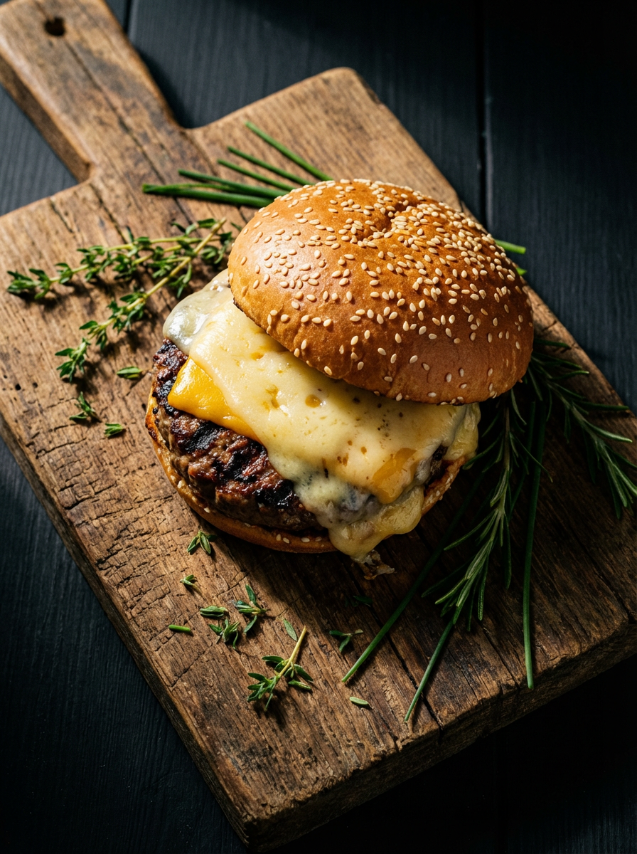 A gourmet cheeseburger sits enticingly on a rustic wooden board