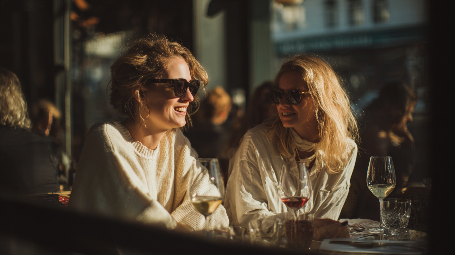 Duas mulheres sorrindo e conversando em um café, usando óculos escuros e vestindo roupas leves durante uma tarde ensolarada. Taças de vinho estão sobre a mesa, criando um ambiente descontraído e acolhedor.
