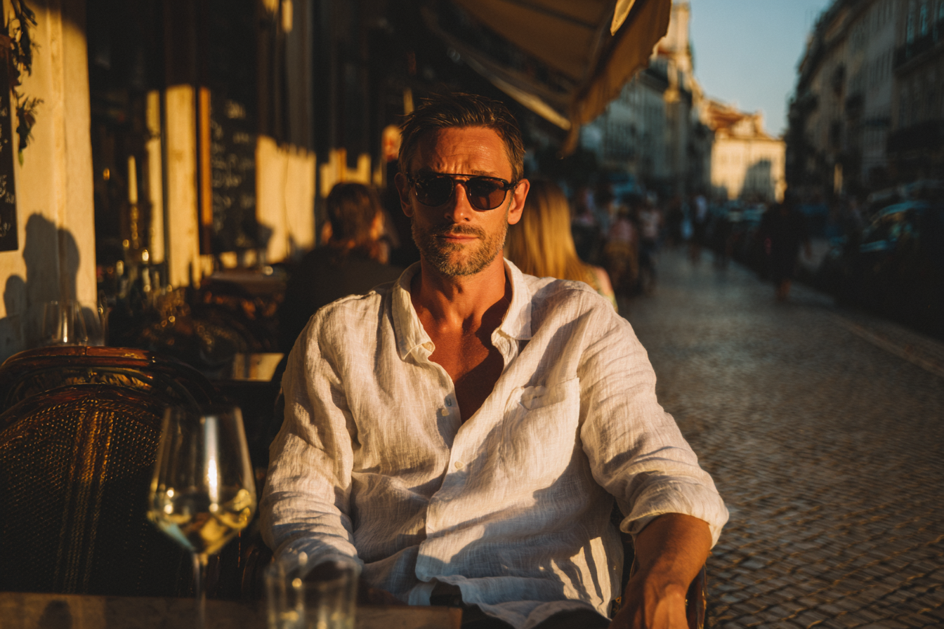 Um homem elegante usando óculos de sol, sentado em uma mesa de café ao ar livre, com luz suave do pôr do sol refletindo nas ruas de Lisboa. O ambiente é animado, com outras pessoas ao fundo e mesas de café decoradas.