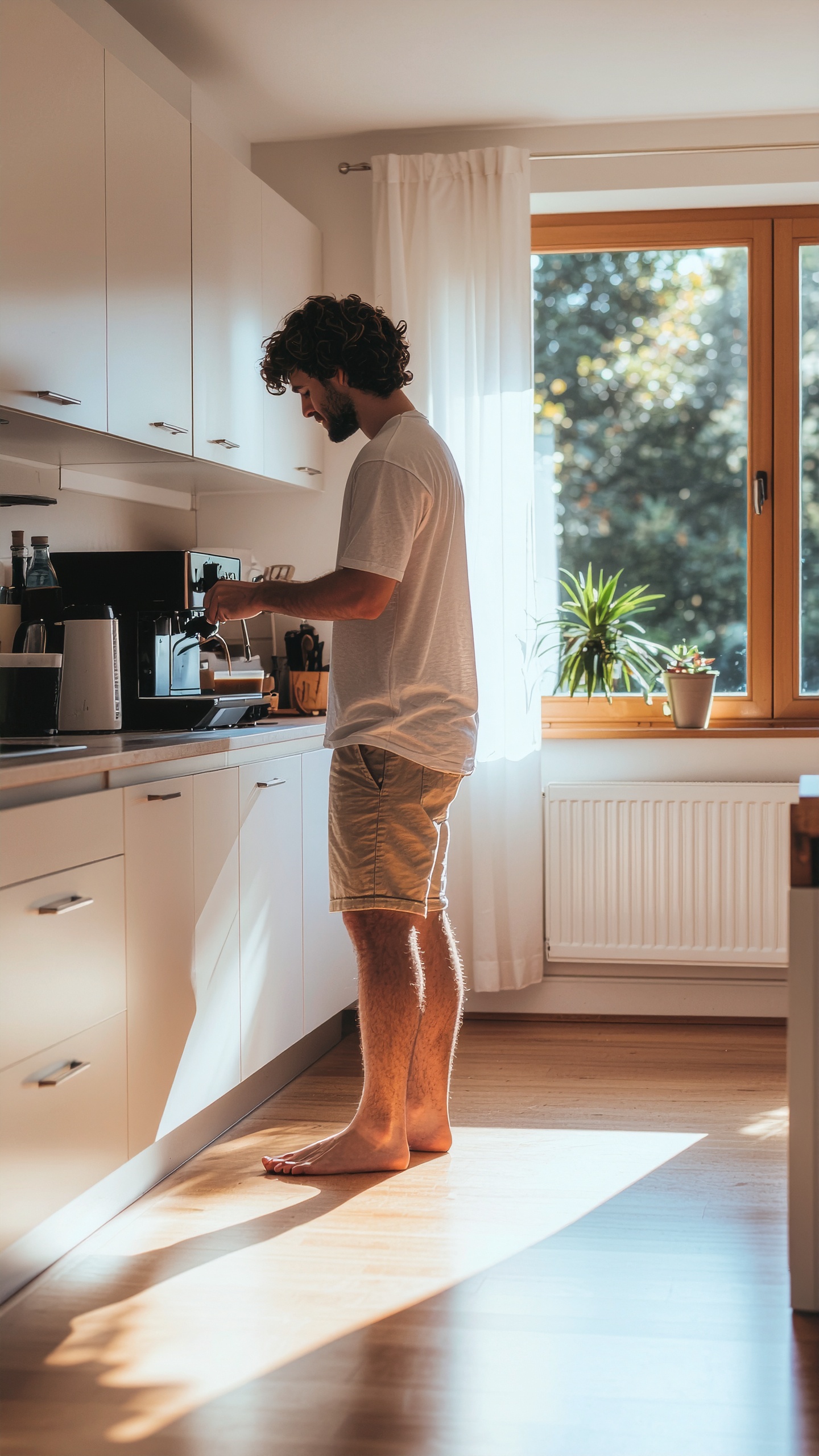 A man prepares coffee in a sunlit modern kitchen