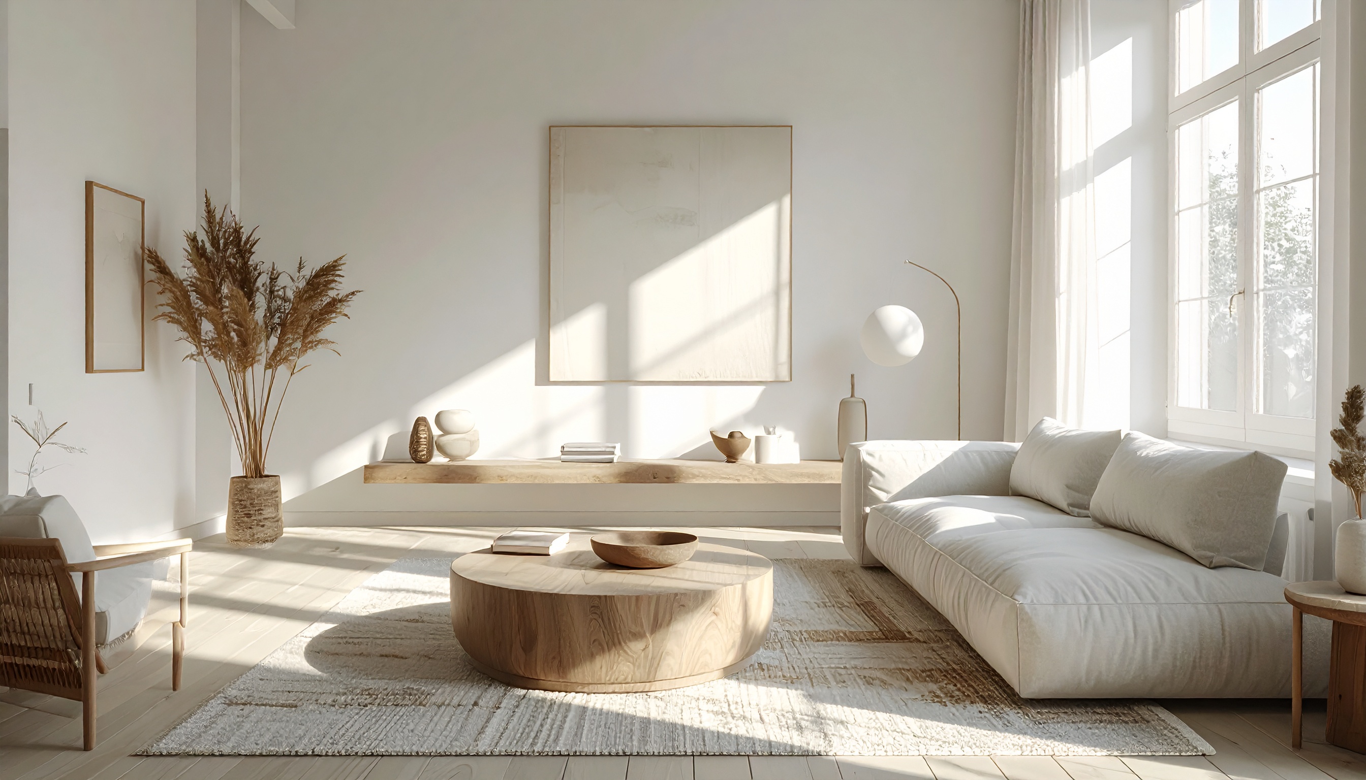 A serene living room with minimalist decor and soft natural light