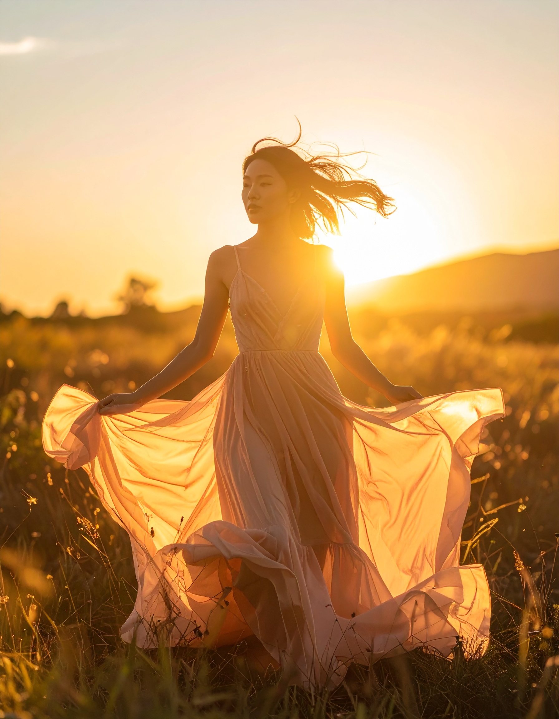 A woman in a flowing dress stands in a sunlit field at sunset