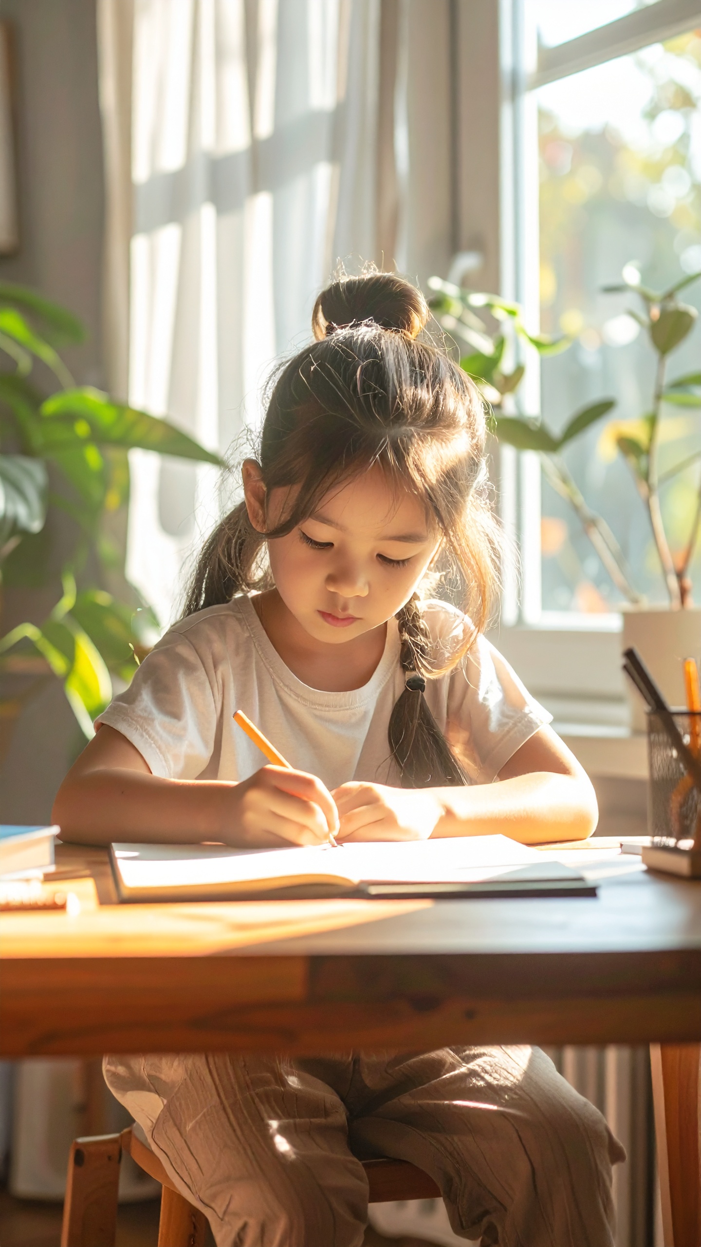 A young girl focuses intently on drawing in a sunlit room
