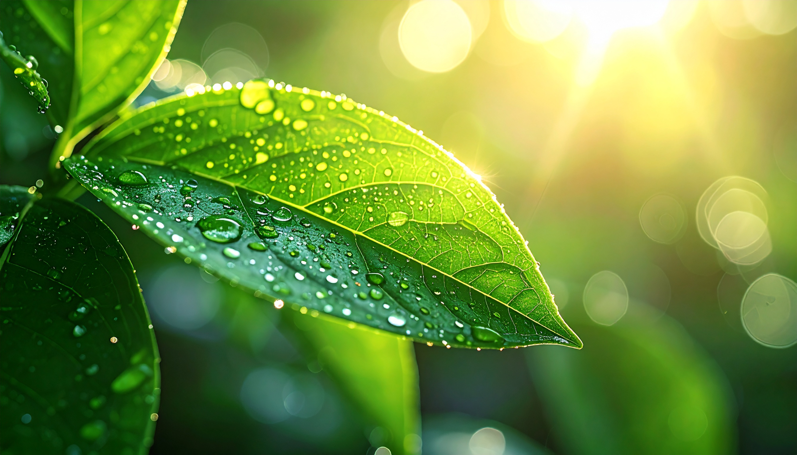 Close-up of a Green Leaf with Water Drops