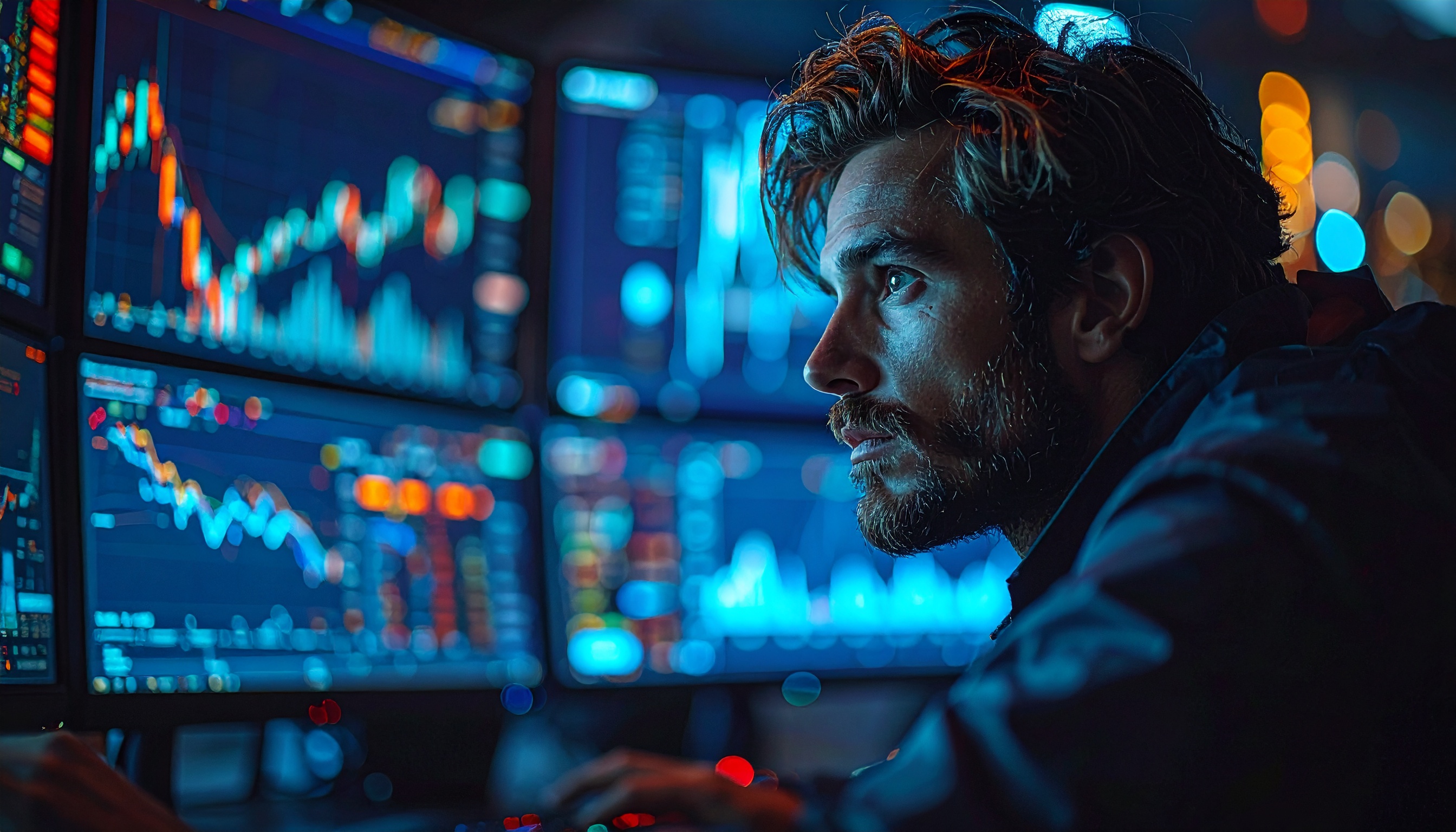 Homem focado analisa gráficos de ações em múltiplas telas de computador em ambiente escuro e tecnológico, transmitindo intensidade e concentração.