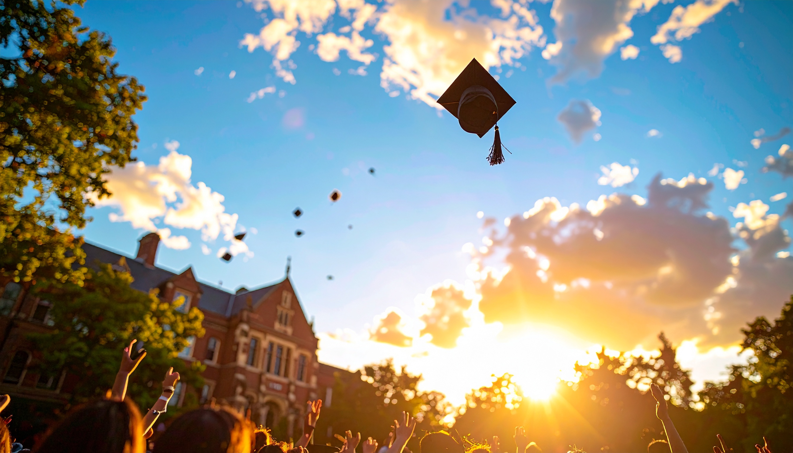 Formandos lançam capelos ao céu sob um deslumbrante pôr do sol, celebrando a graduação em um campus universitário clássico rodeado por árvores e edifícios históricos.