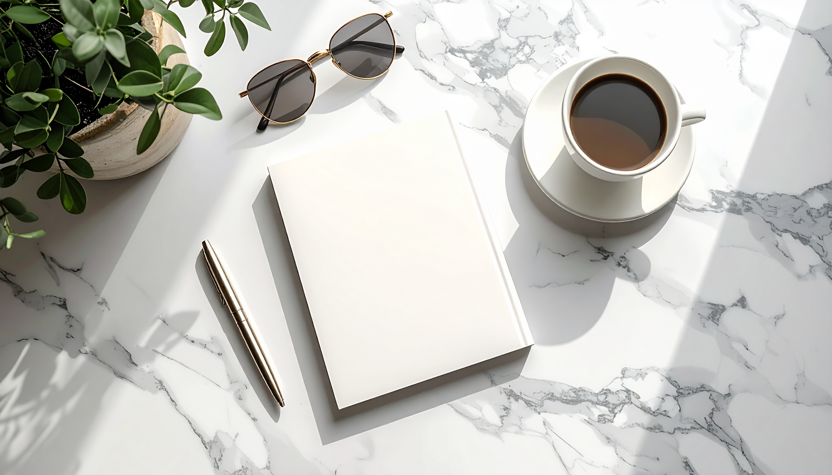 Mesa de mármore branco com padrões cinza, planta em vaso, caderno, caneta dourada, óculos escuros e xícara de café. Iluminação suave e natural.