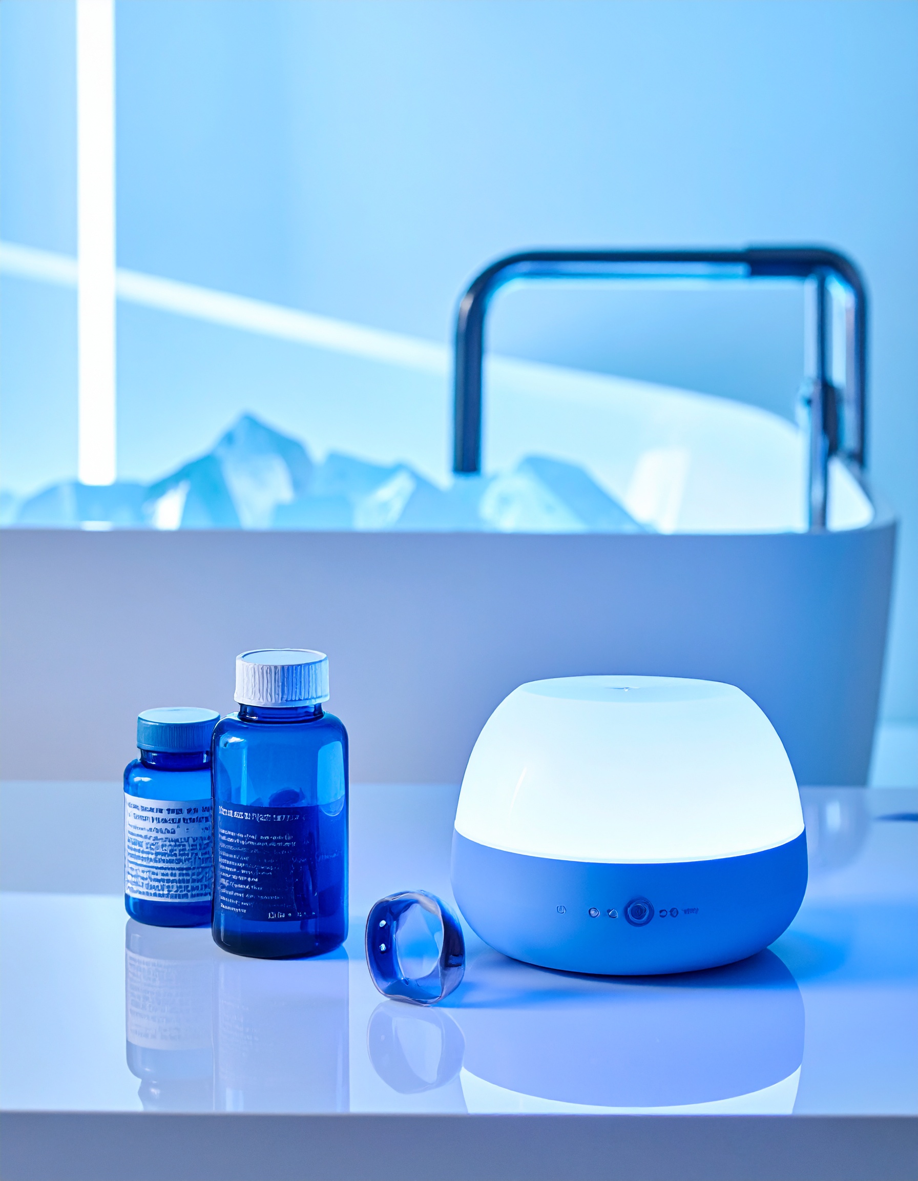 A sleek, modern diffuser sits on a clean white surface, surrounded by blue bottles and