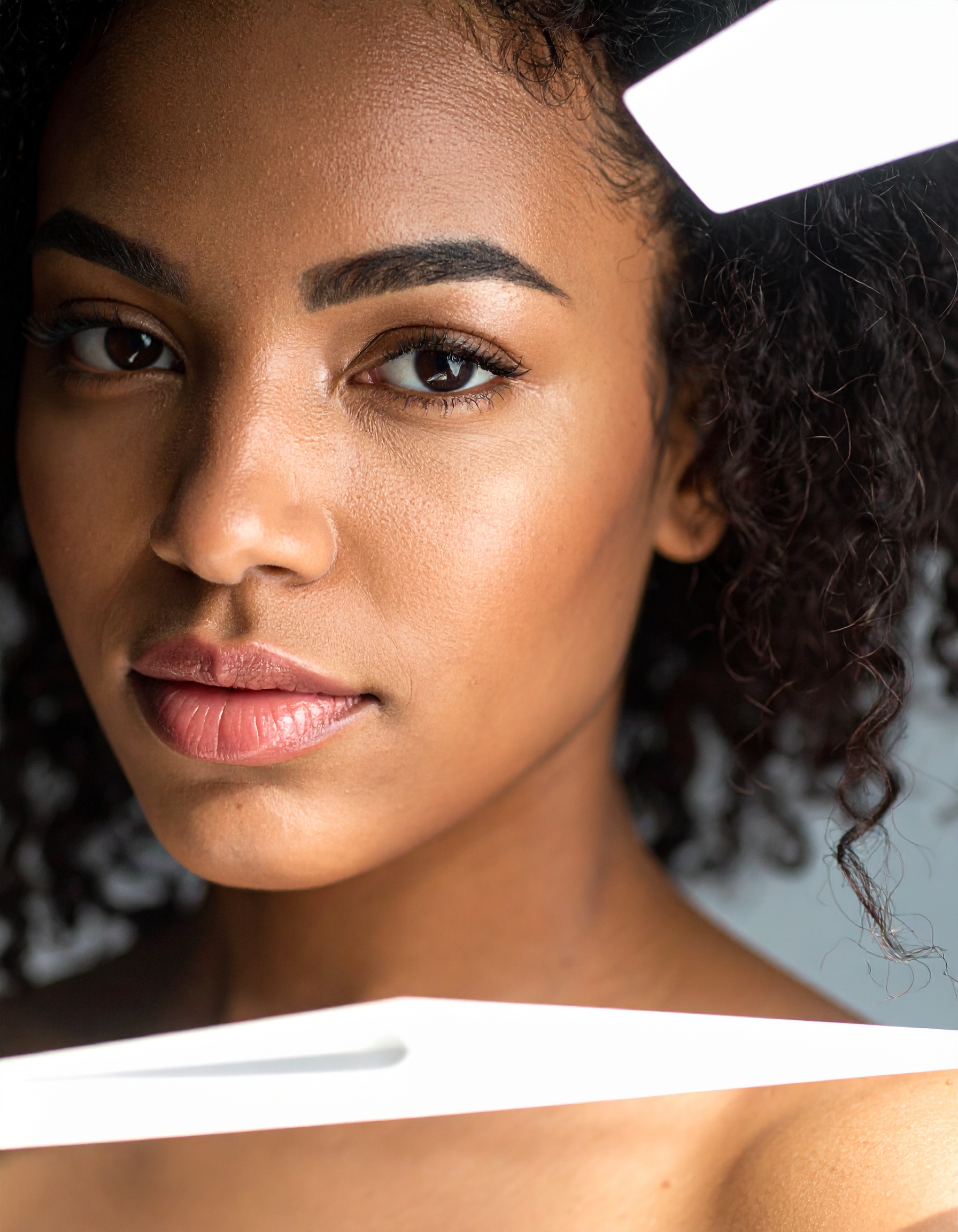 A close-up portrait of a woman with a natural and radiant complexion