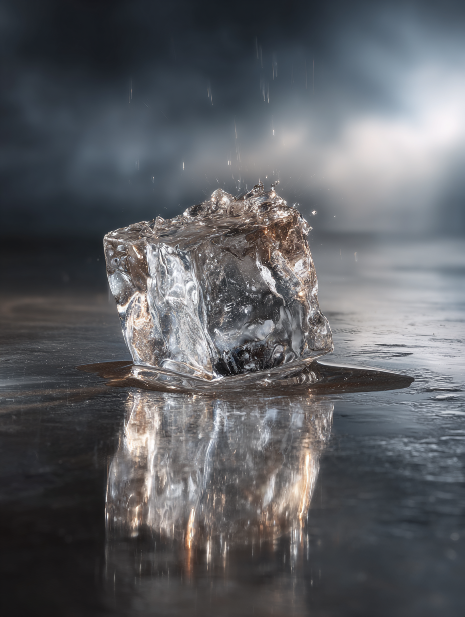 Cubo de gelo derretendo em superfície reflexiva, iluminado dramaticamente em ambiente de clima frio e nublado. Transmite a passagem do tempo e efemeridade com técnica fotográfica detalhada.