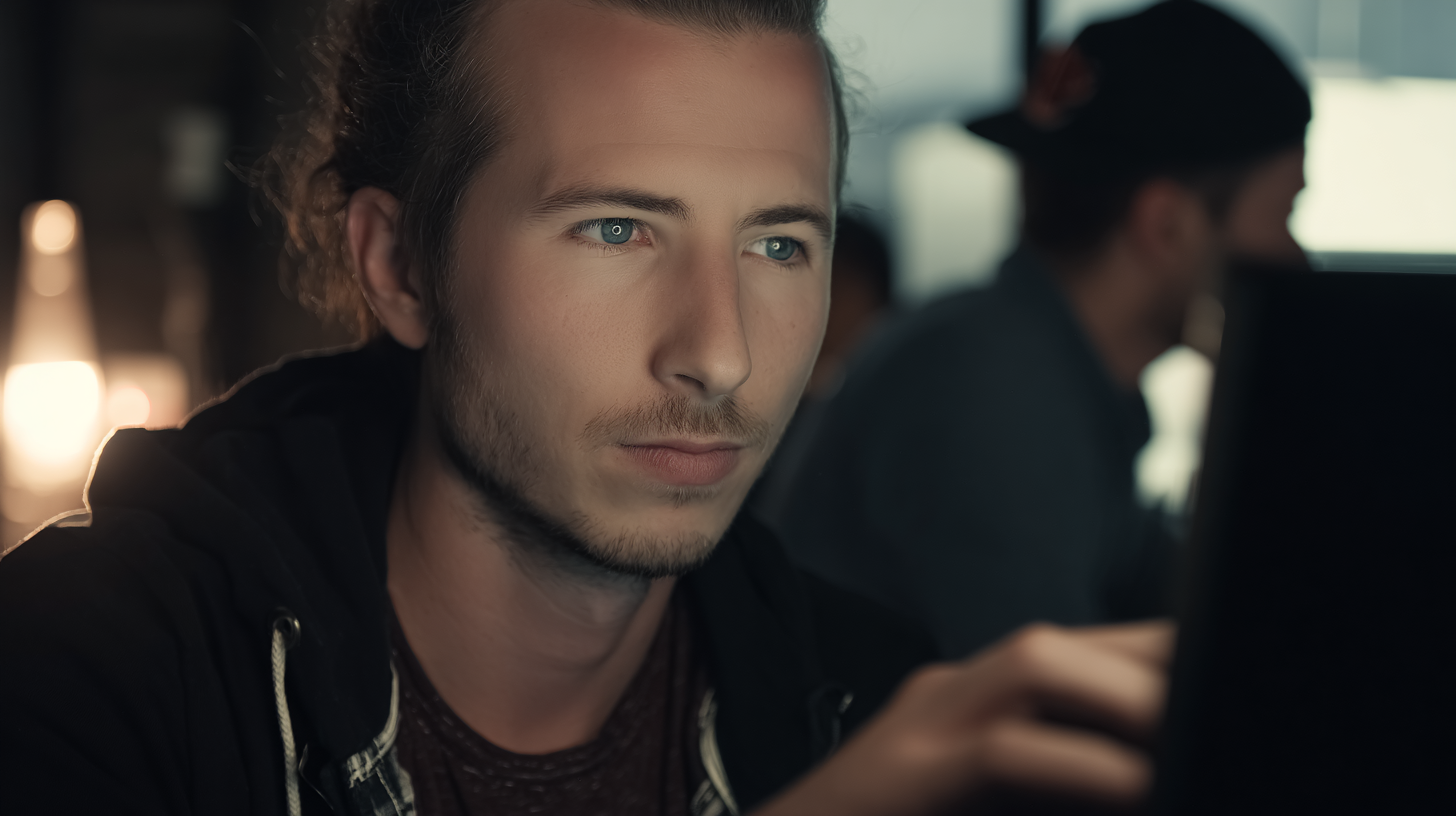 Jovem concentrado trabalhando em laptop em ambiente de escritório moderno e acolhedor, com iluminação suave e atmosfera de foco e produtividade.