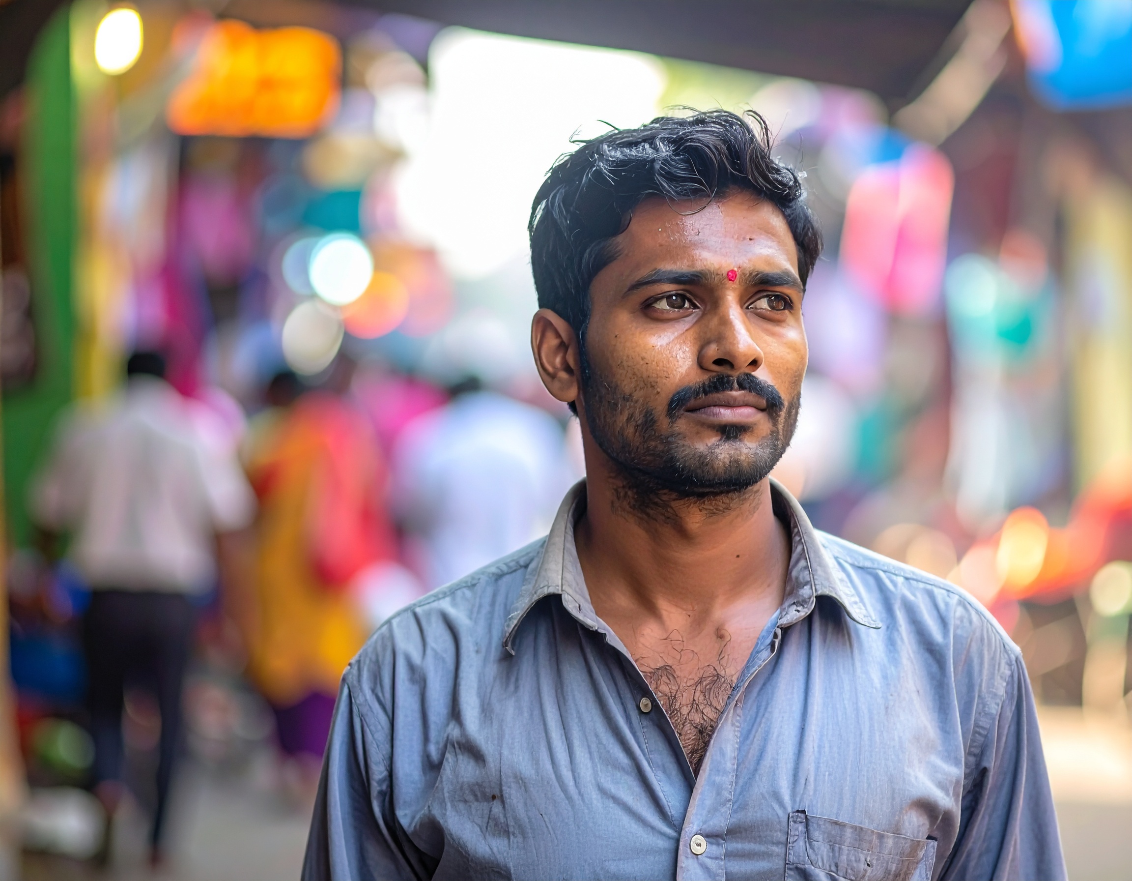 A thoughtful man stands in a bustling market street, surrounded by vibrant colors