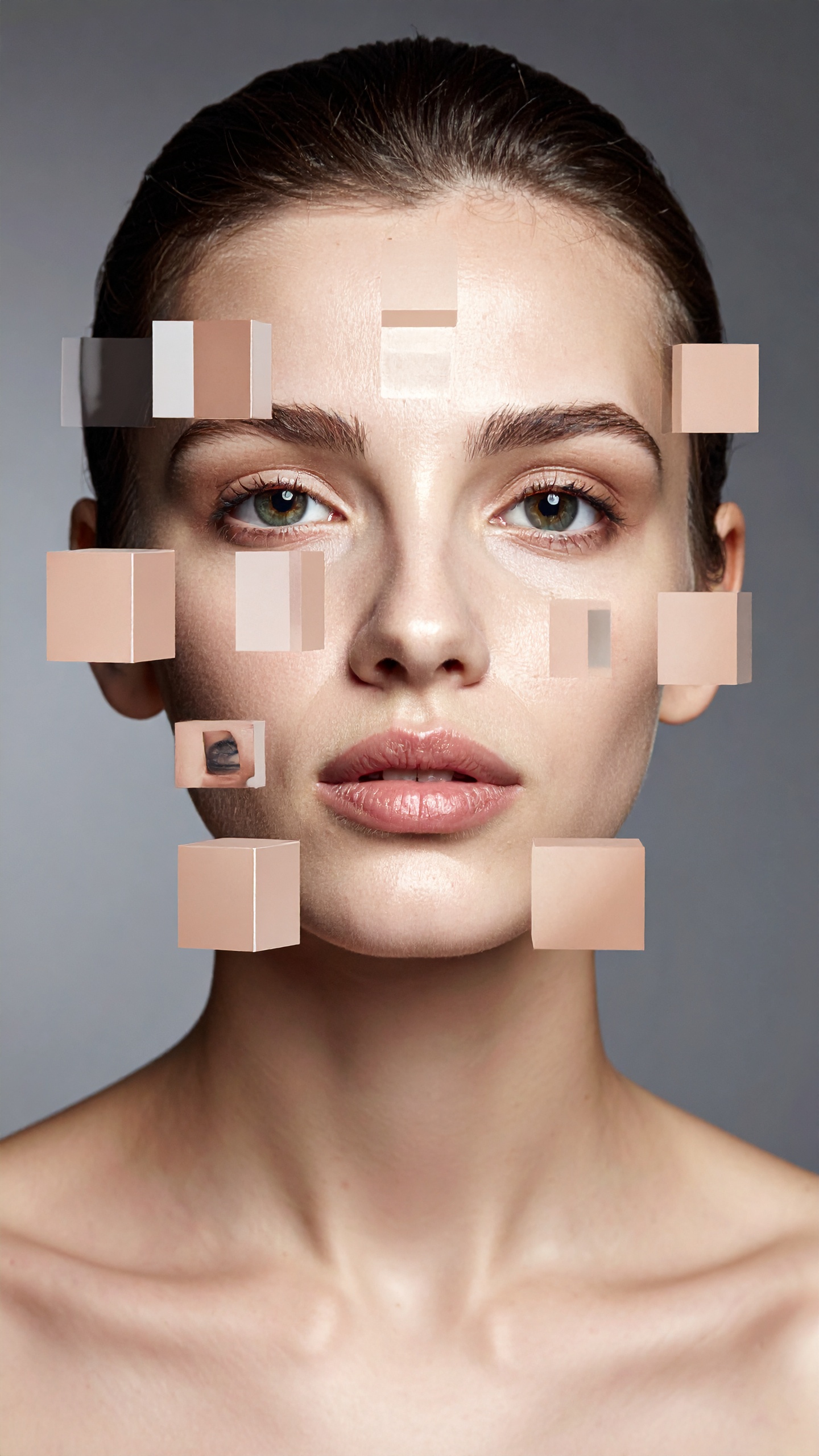 A woman's face is enhanced with square patches, showcasing a digital beauty concept