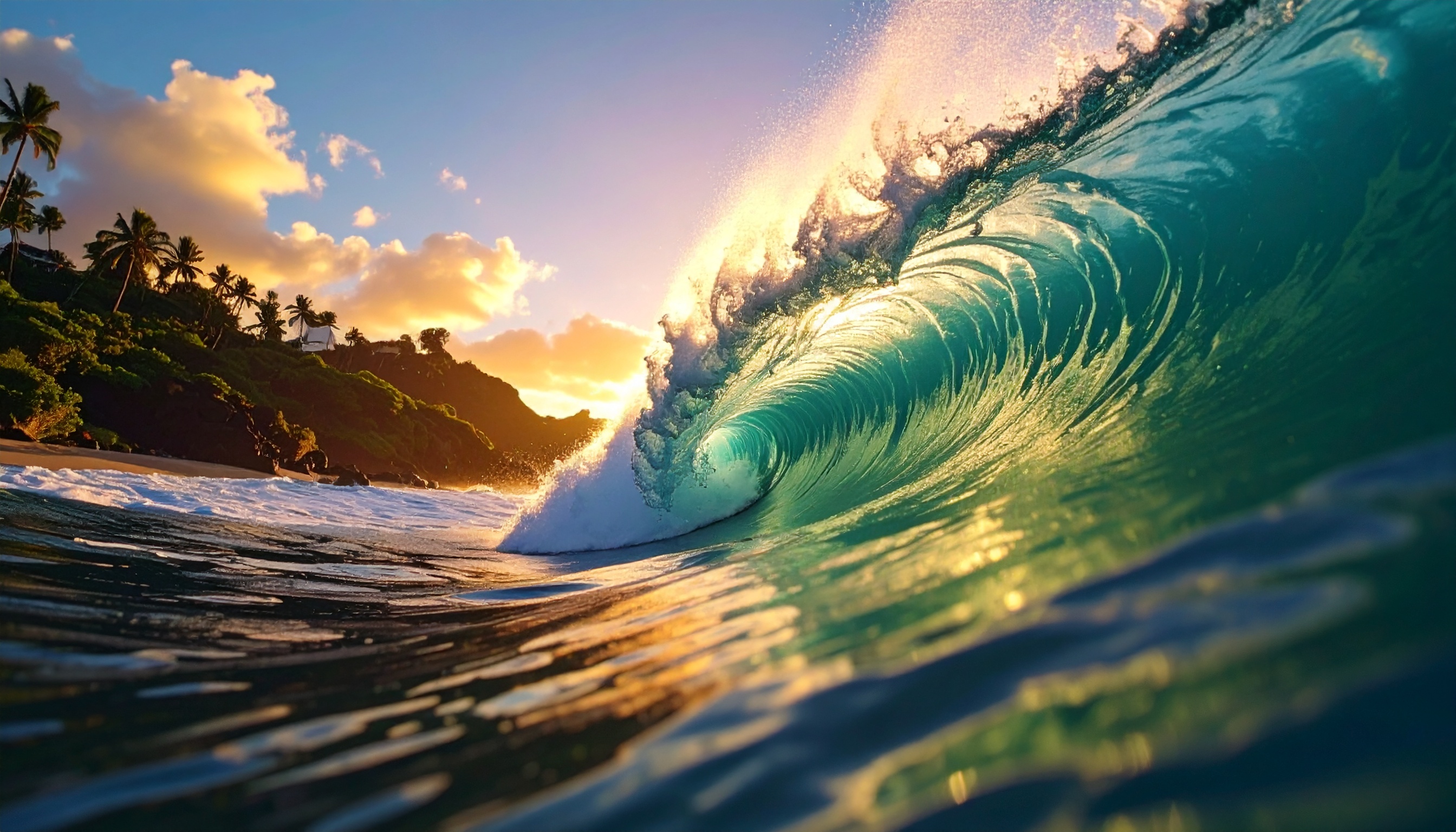 A majestic ocean wave curls dramatically under a vibrant sunset sky, ready to crash on