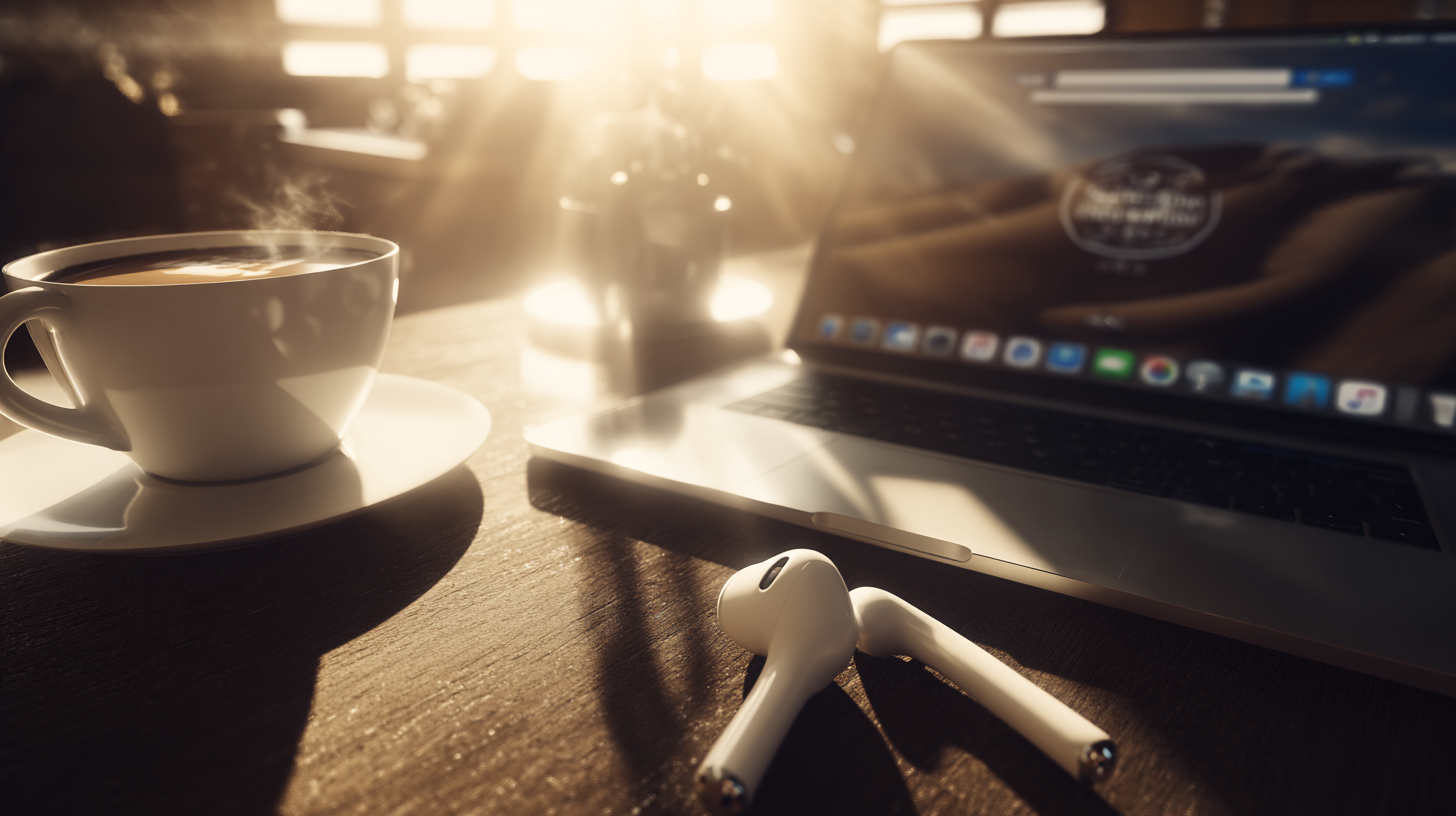 Cena de mesa de trabalho com luz natural suave, destacando uma xícara de café fumegante, fones de ouvido sem fio e um laptop. A iluminação quente do sol filtrada cria uma atmosfera aconchegante e produtiva, enquanto os objetos estão dispostos em uma composição harmoniosa. O foco está suavemente ajustado para destacar a textura da madeira e os detalhes dos objetos, criando um ambiente de tranquilidade e concentração.