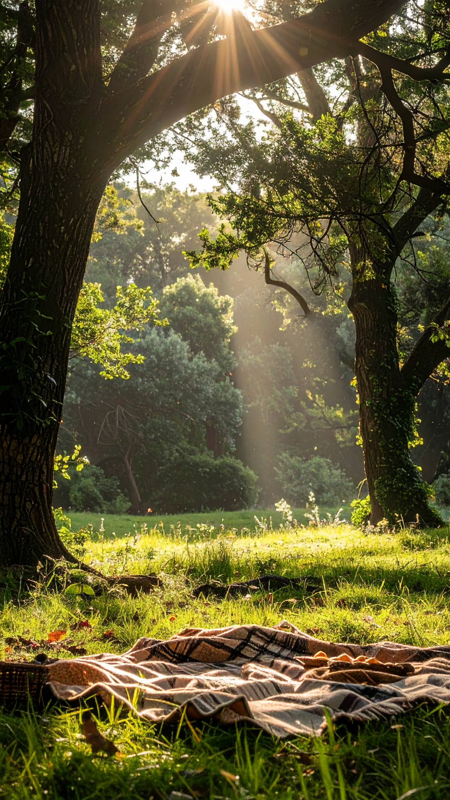 Sunlight streams through trees onto a cozy picnic setup in a lush forest