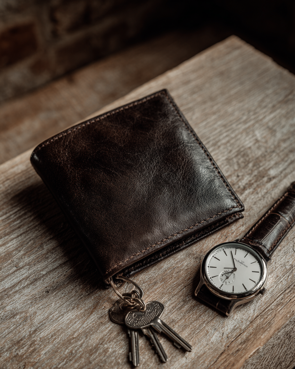 Um elegante porta-cartões de couro marrom, chaves e um relógio clássico com mostrador branco, dispostos sobre uma mesa de madeira. Ideal para ilustração de itens de moda masculina e acessórios de estilo de vida.