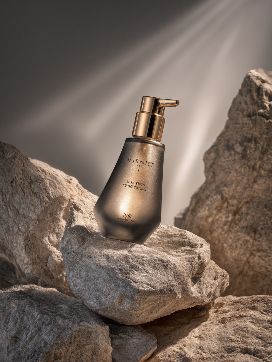 Frasco elegante de cosmético com acabamento metálico dourado, posicionado sobre rochas texturizadas em um cenário minimalista. Iluminação suave e difusa destaca o brilho luxuoso do material, criando uma atmosfera sofisticada e contemporânea. A composição centralizada com ângulo ligeiramente baixo enfatiza o produto, proporcionando profundidade e foco nítido no frasco.
