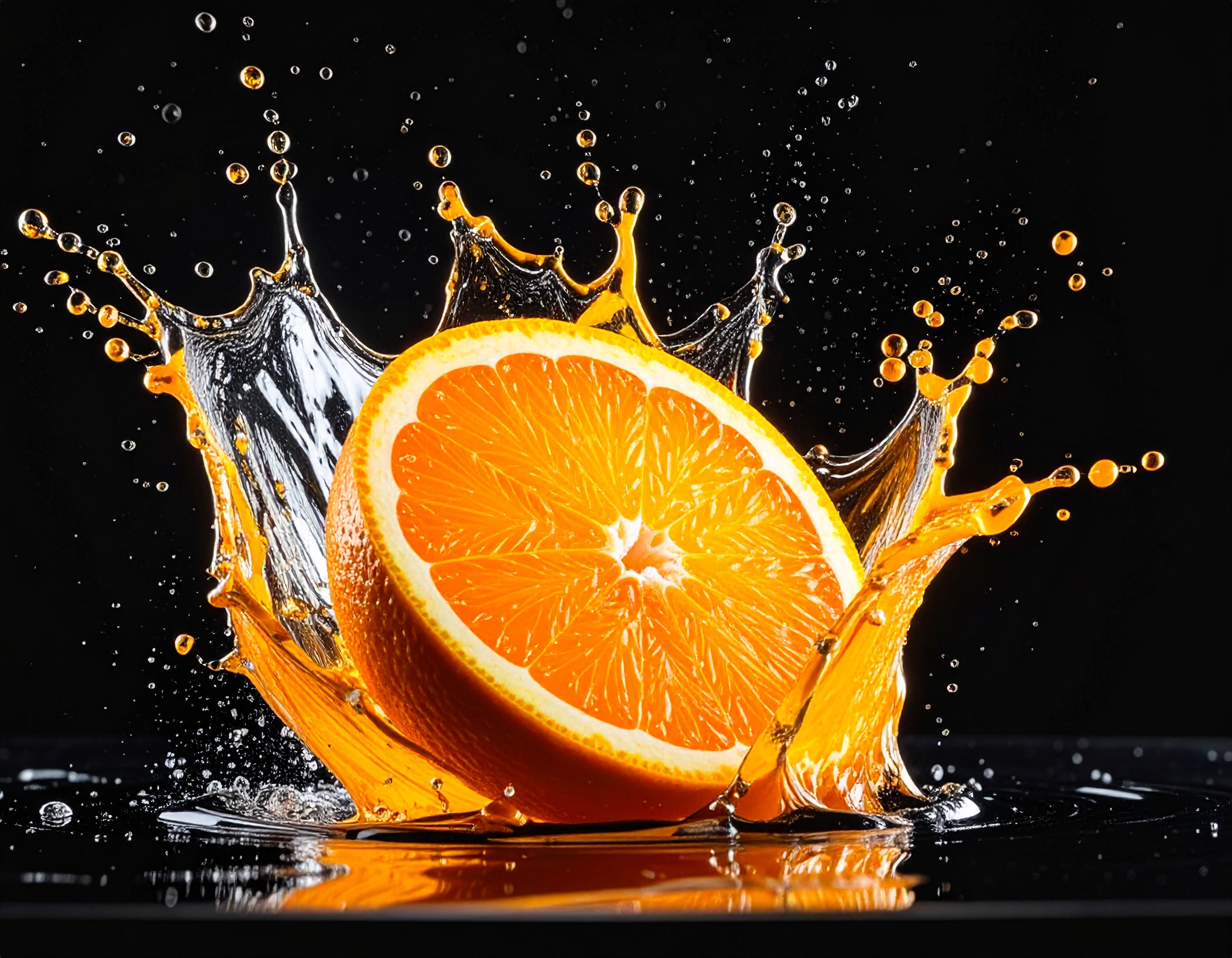 Uma laranja cortada ao meio cria um efeito de splash vibrante e refrescante. Ideal para promover sucos naturais, seu visual dinâmico desperta a sensação de frescor imediato. O contraste entre o fundo escuro e a tonalidade vibrante do suco é marcante. Perfeito para campanhas publicitárias de verão ou produtos saudáveis. A imagem transmite energia e vitalidade, sendo excelente para chamar a atenção do público.