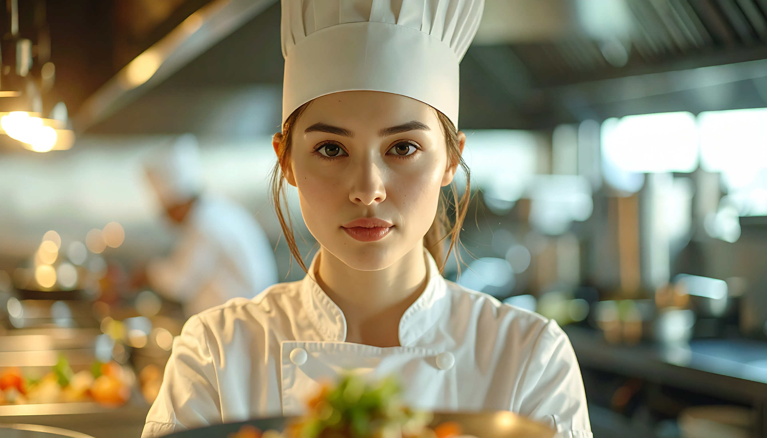 A young chef in a professional kitchen stands confidently, showcasing culinary expertise