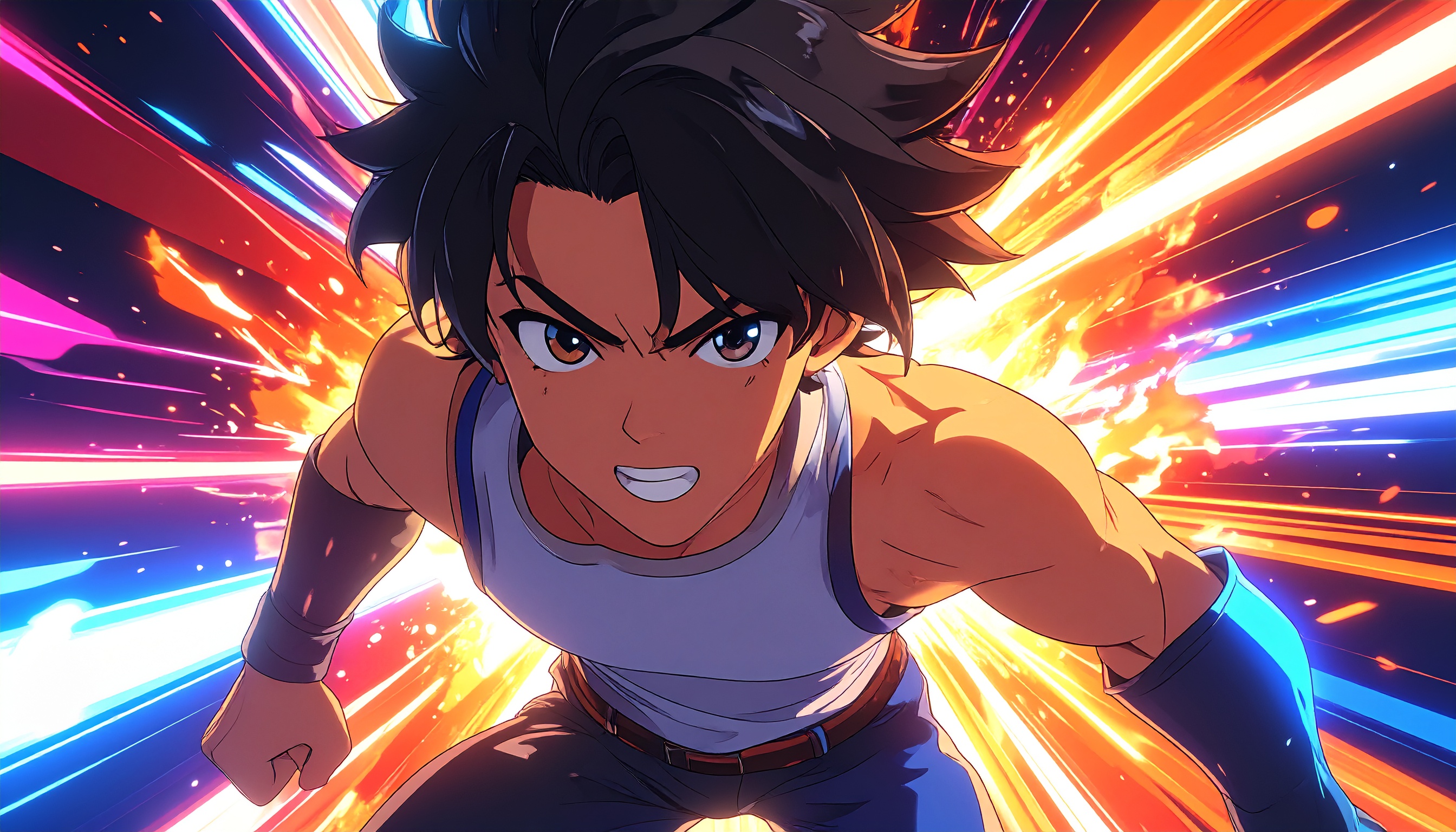 Dynamic anime character in intense action pose with vibrant energy burst background