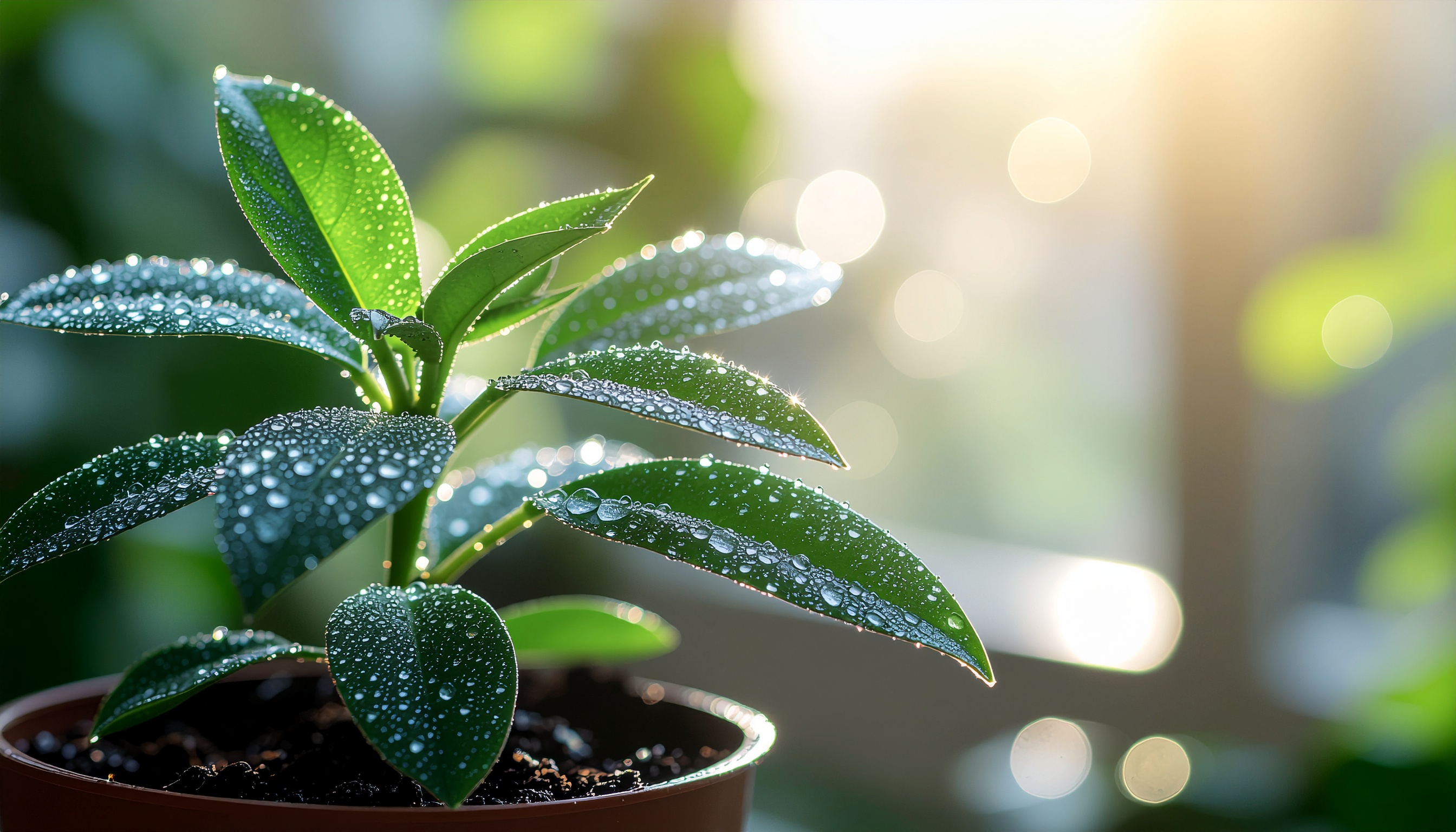 Potted Plant with Dewy Green Leaves