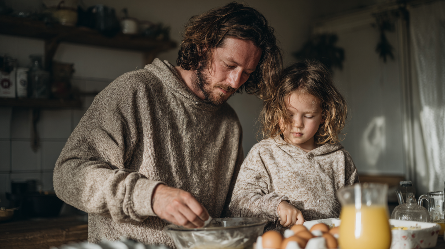 Um pai e sua filha pequena preparando uma refeição juntos na cozinha. O pai, com um suéter claro, está misturando ingredientes em uma tigela, enquanto a criança observa atentamente. Ao fundo, há uma mesa com ovos e uma jarra de suco. Esta cena retrata momentos de conexão familiar e aprendizado na culinária.