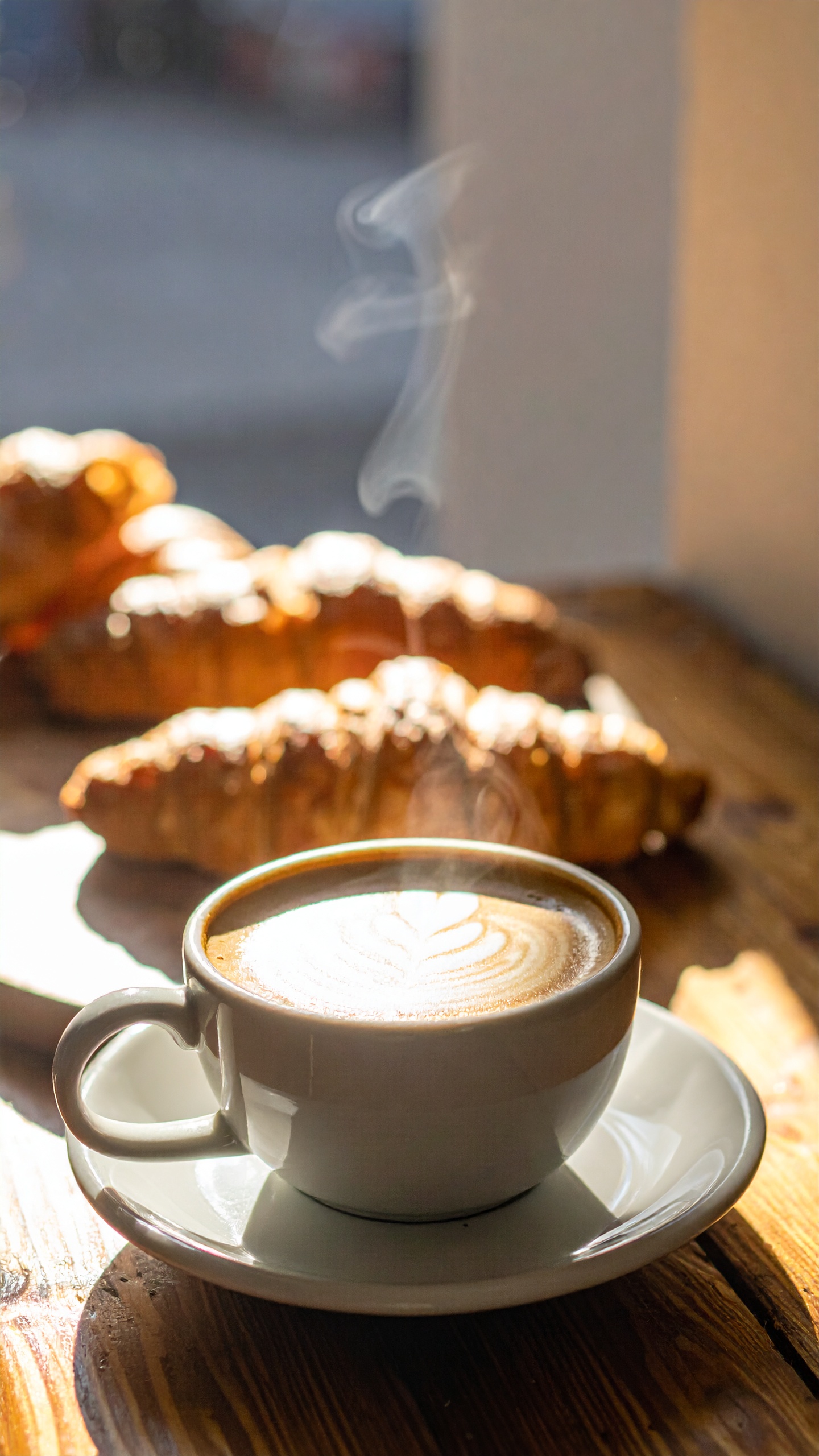 Um cappuccino quente em uma xícara branca com croissants ao fundo. Ideal para cafés da manhã ou brunches em ambientes acolhedores. O vapor sutil do café adiciona um toque de frescor e autenticidade à cena. Perfeito para momentos de relaxamento ou encontros em cafeterias. A luz suave da manhã realça a textura do café e dos croissants, criando uma experiência visual e sensorial convidativa.