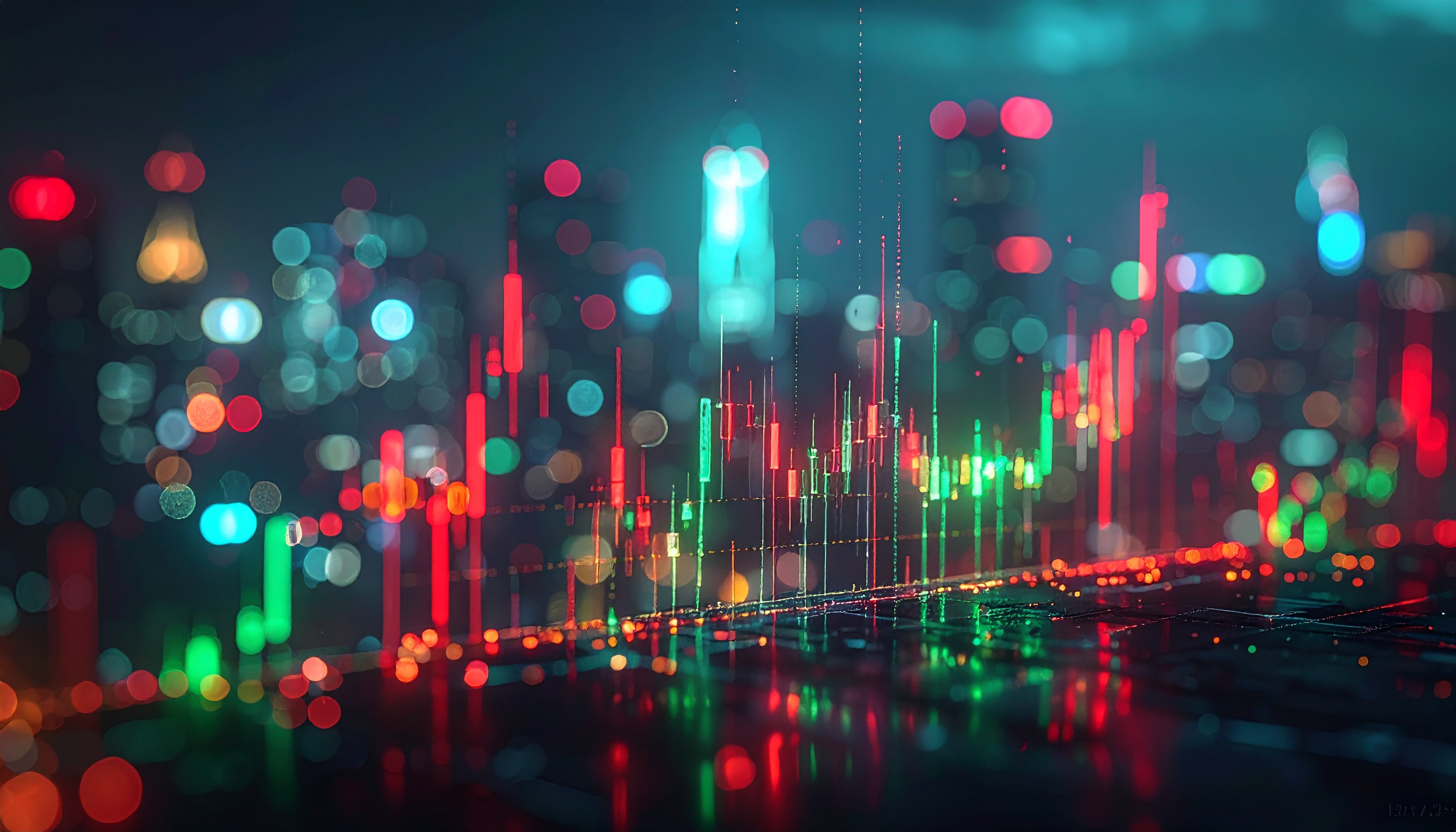 Vibrant Neon Candle Charts Over Blurred City Background
