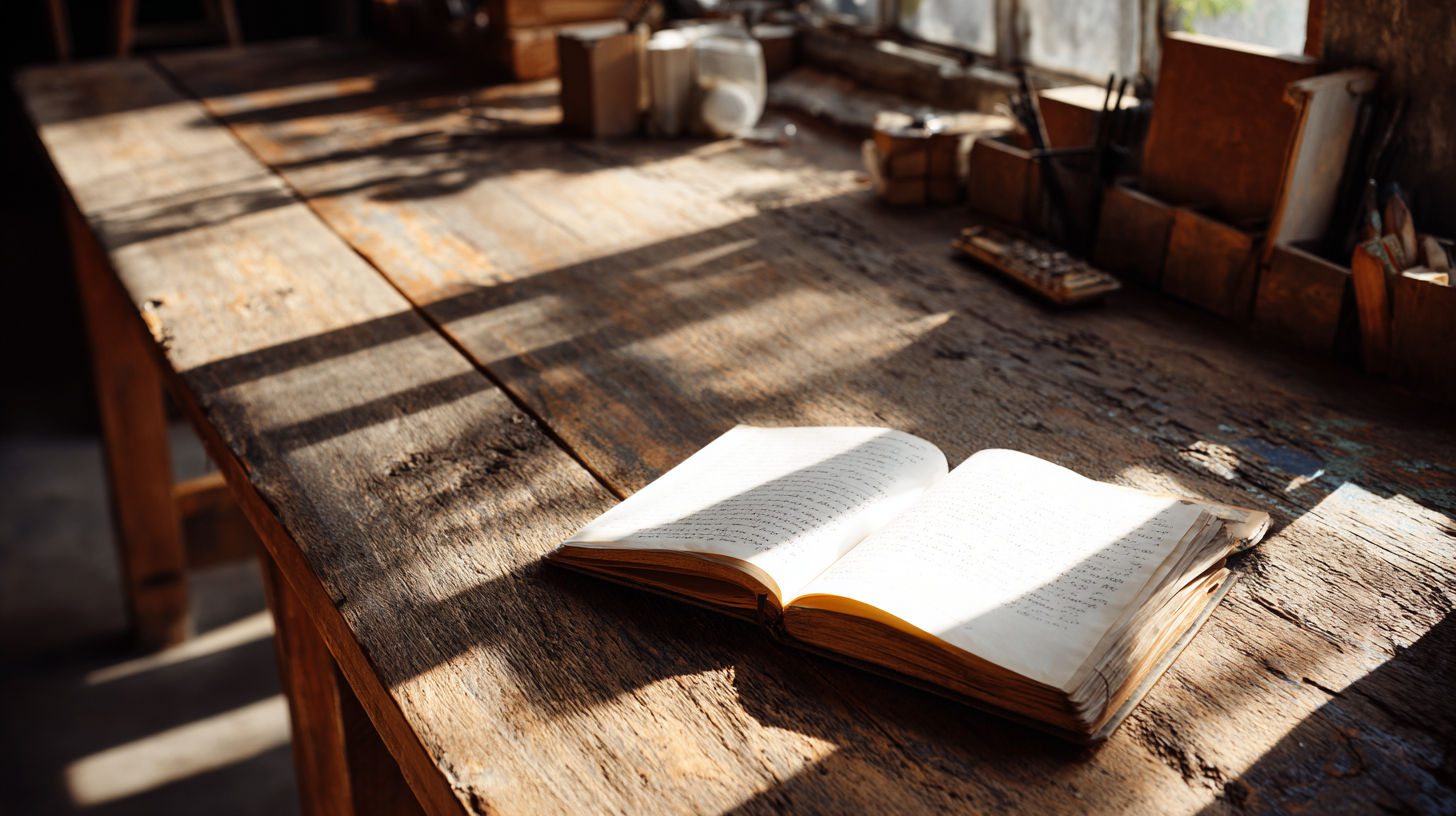 Uma página de um livro aberto sobre uma mesa de madeira rústica, iluminada pela luz natural que entra pela janela, criando sombras interessantes. O ambiente sugere um espaço de trabalho criativo ou um estúdio artístico.