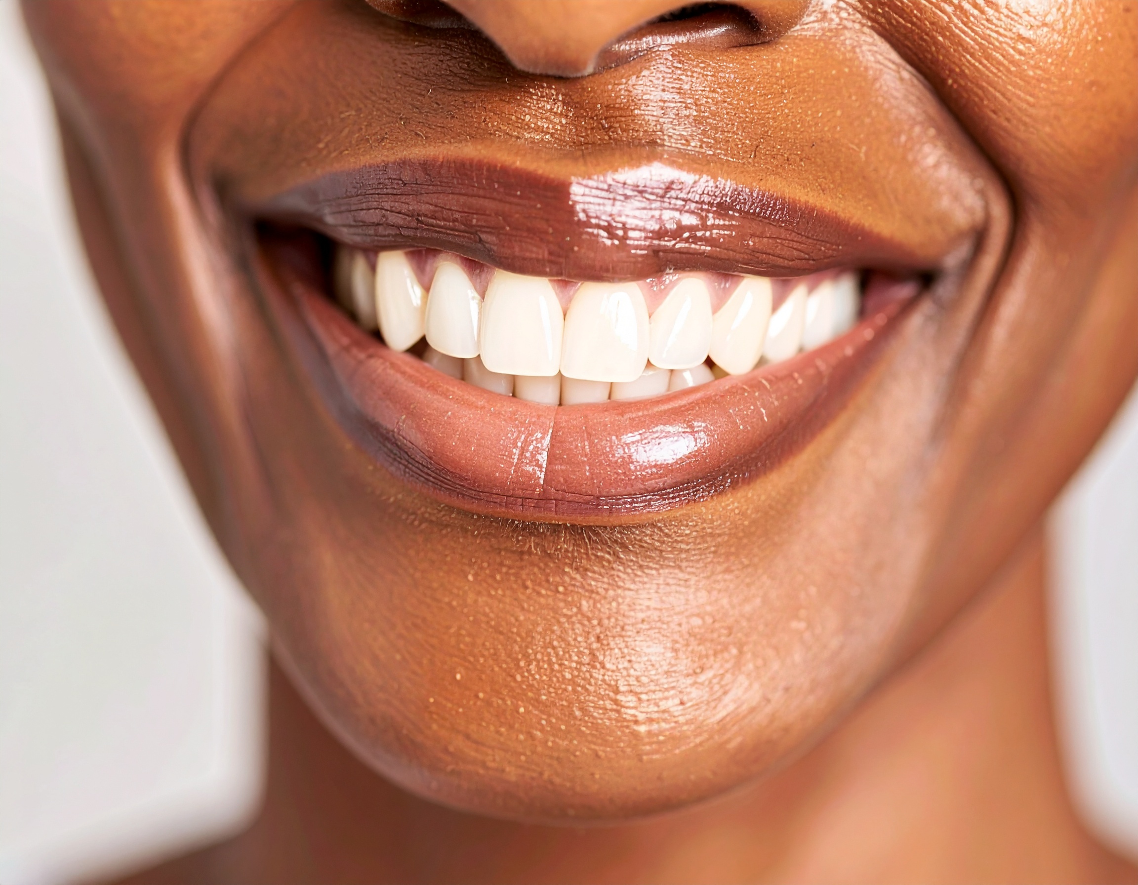 A radiant smile showcases perfect white teeth and glossy lips
