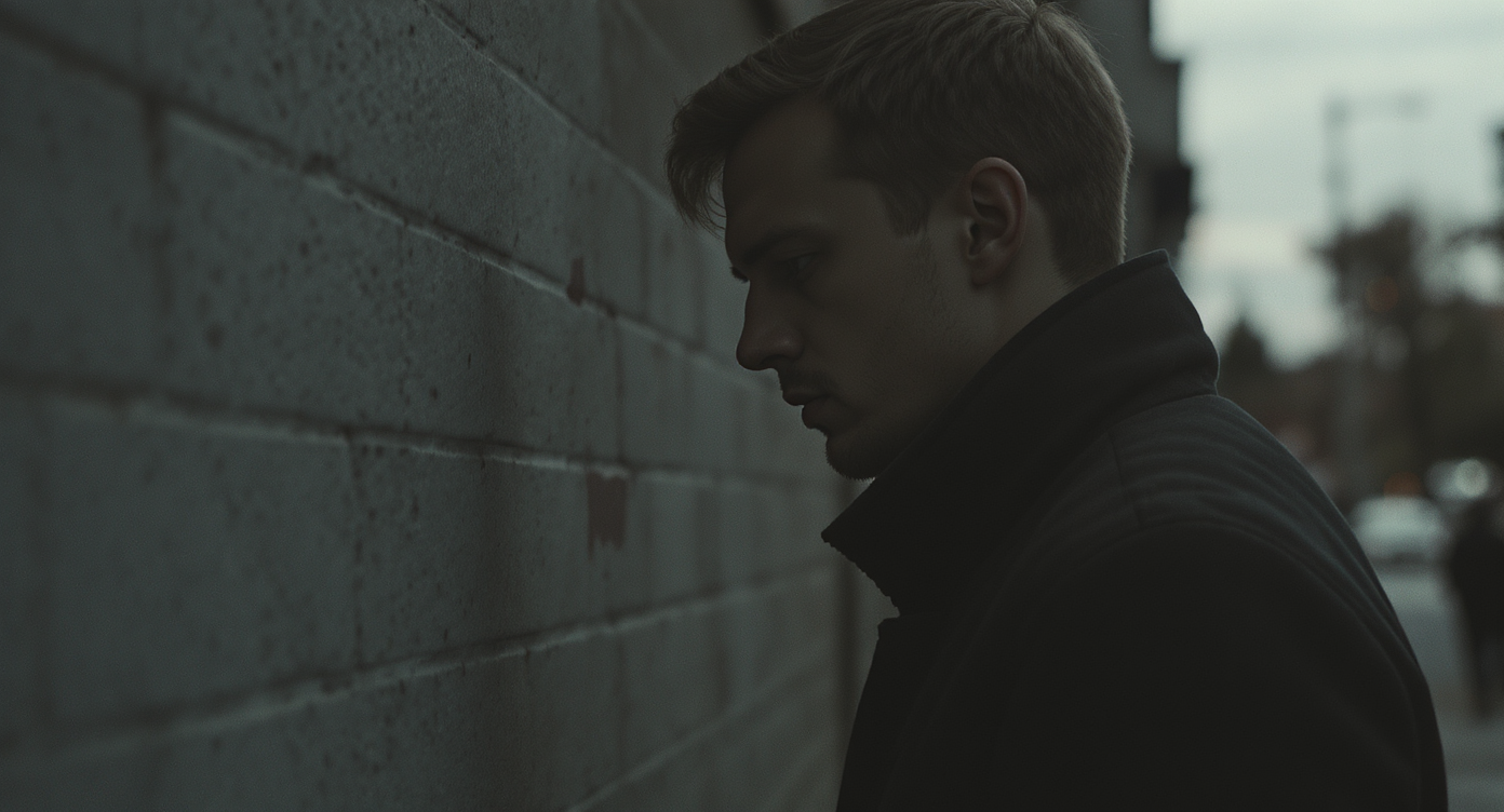 A contemplative man gazes at a textured brick wall, suggesting introspection or solitude