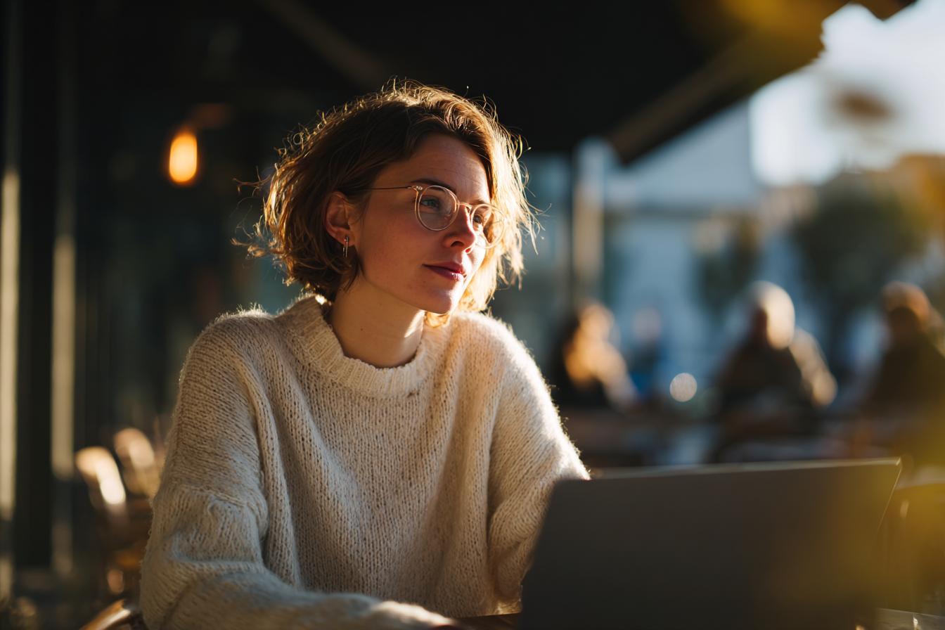 Pessoa em ambiente de café ao ar livre, usando suéter branco e óculos, refletindo luz suave do sol poente. A atmosfera é serena e contemplativa, com fundo desfocado destacando sua expressão pensativa. Composição em primeiro plano com foco no rosto, iluminação quente e sombra suave.