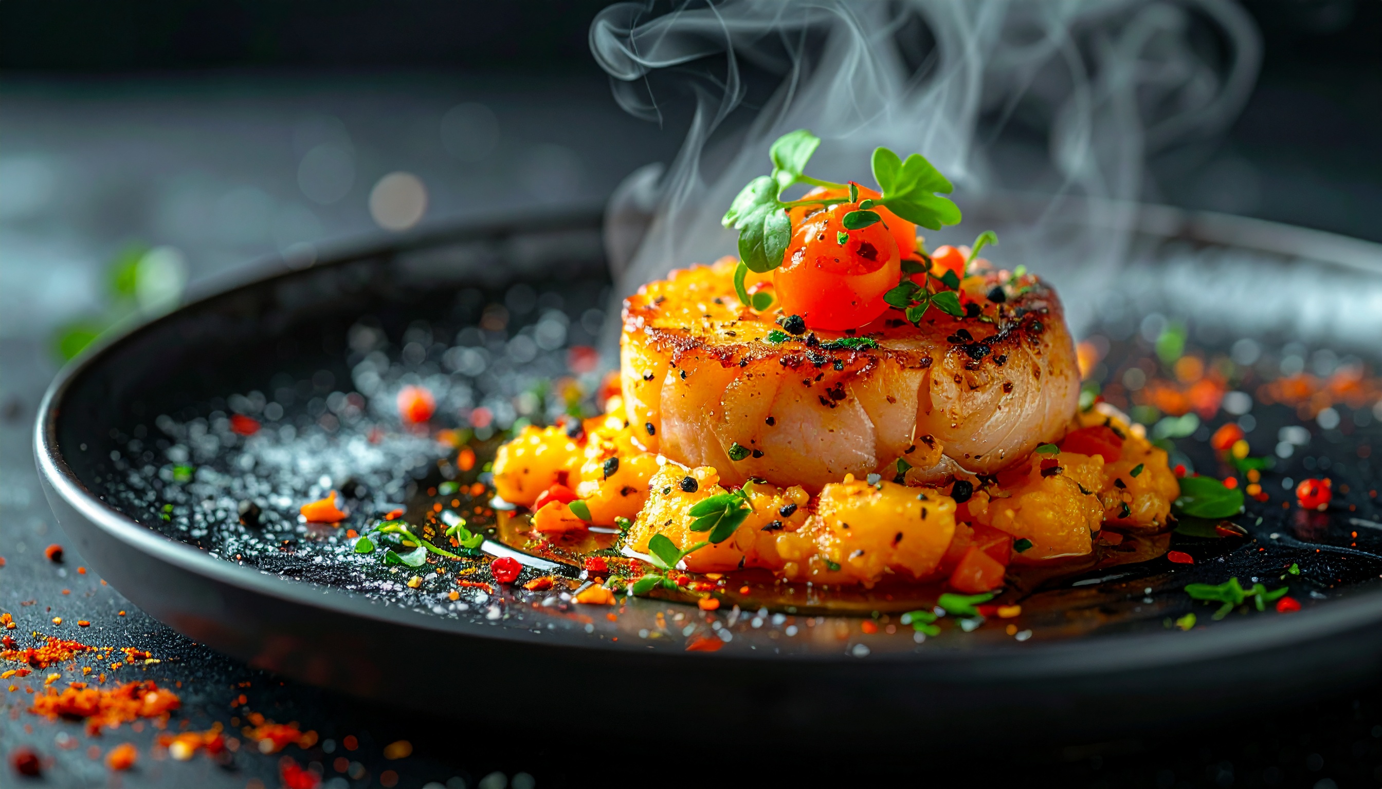 Gourmet Dish with Caramelized Scallops on Pumpkin Purée