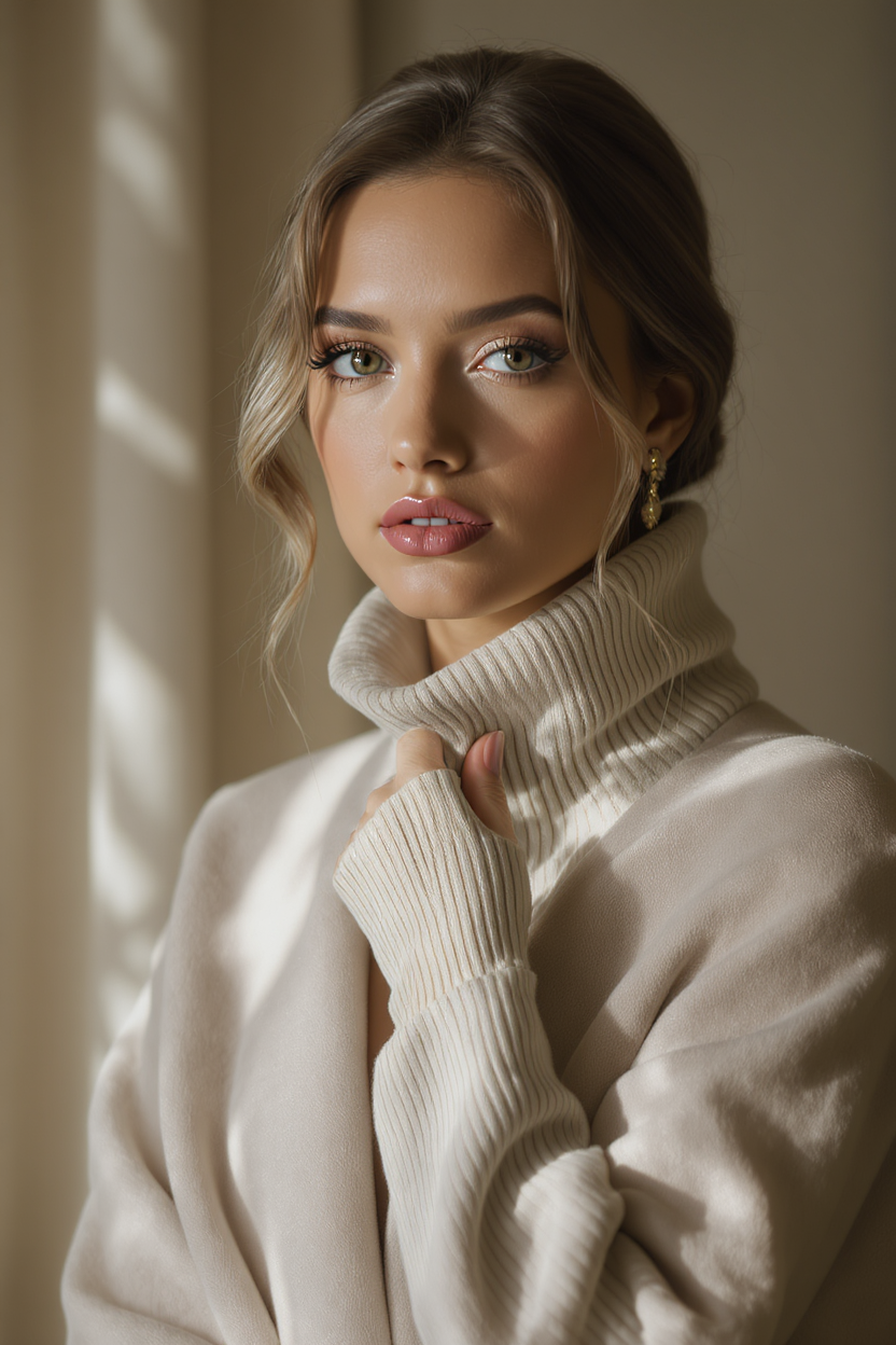 A sophisticated woman models a cream turtleneck sweater in soft lighting