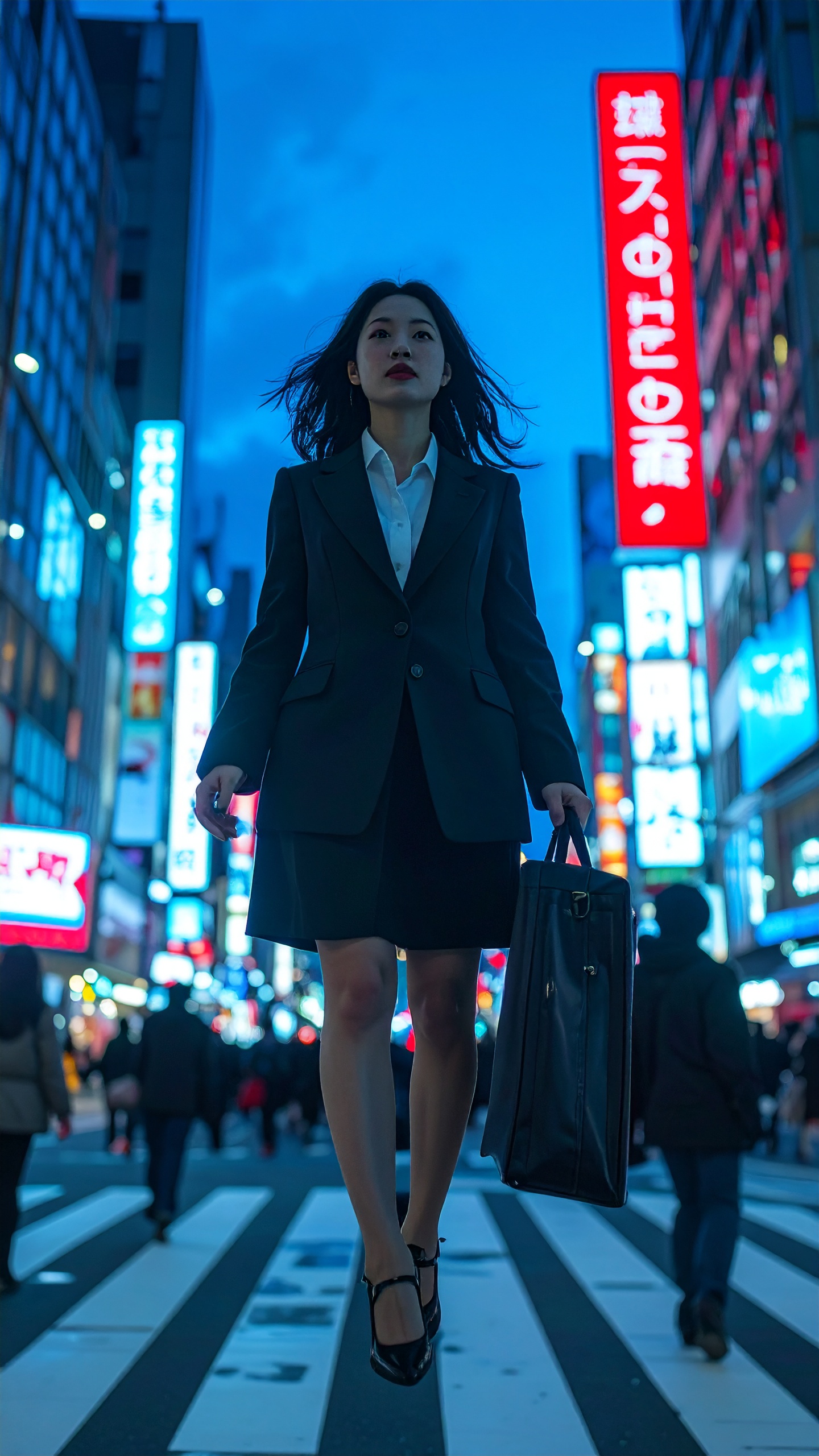A businesswoman strides confidently through a vibrant city street at night