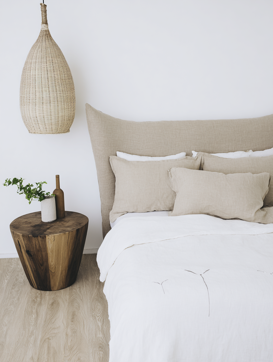 Quarto minimalista com cama de linho bege e colcha branca, ao lado de uma mesa de madeira rústica contendo vasos decorativos. Iluminação suave e natural complementa o ambiente, realçando o tom neutro das paredes e do chão de madeira clara. O abajur de vime pendurado adiciona um toque artesanal e acolhedor à composição harmoniosa.