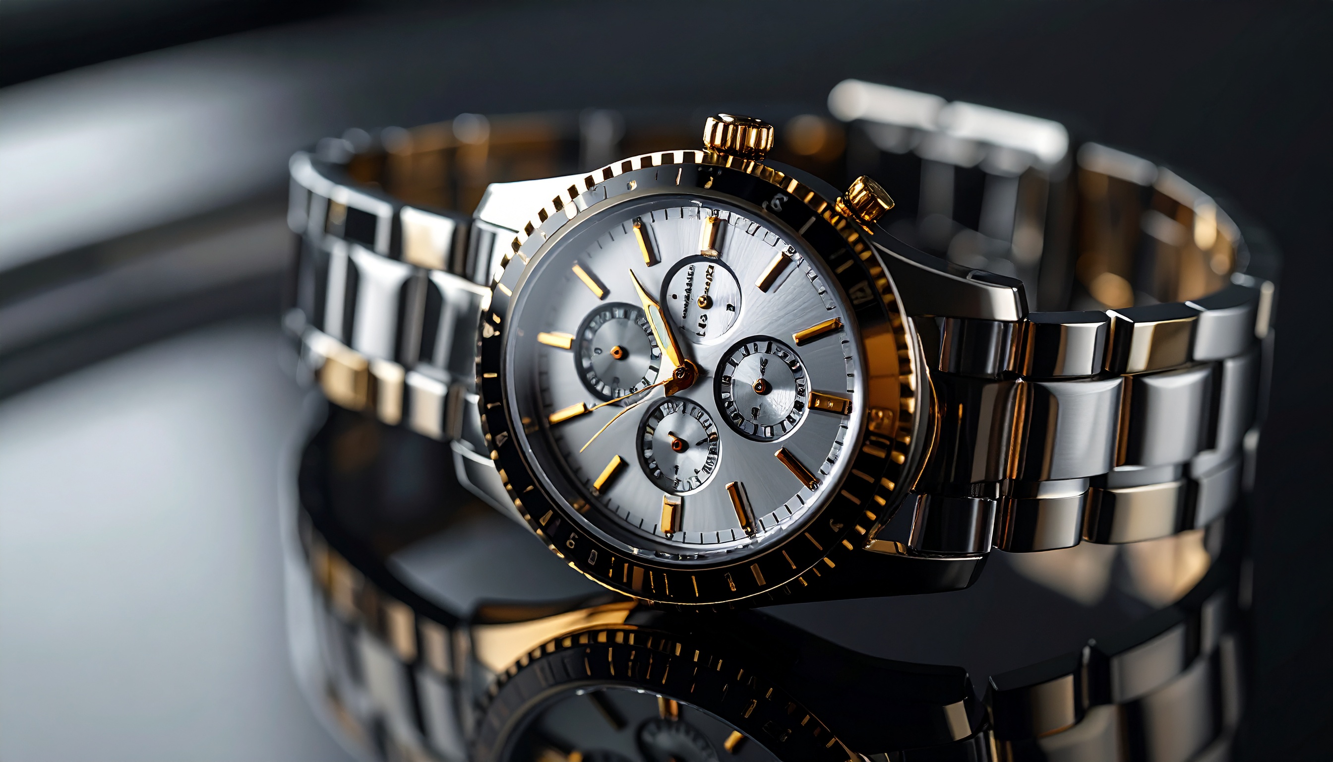 Luxury Watch with Silver Dial and Gold Accents