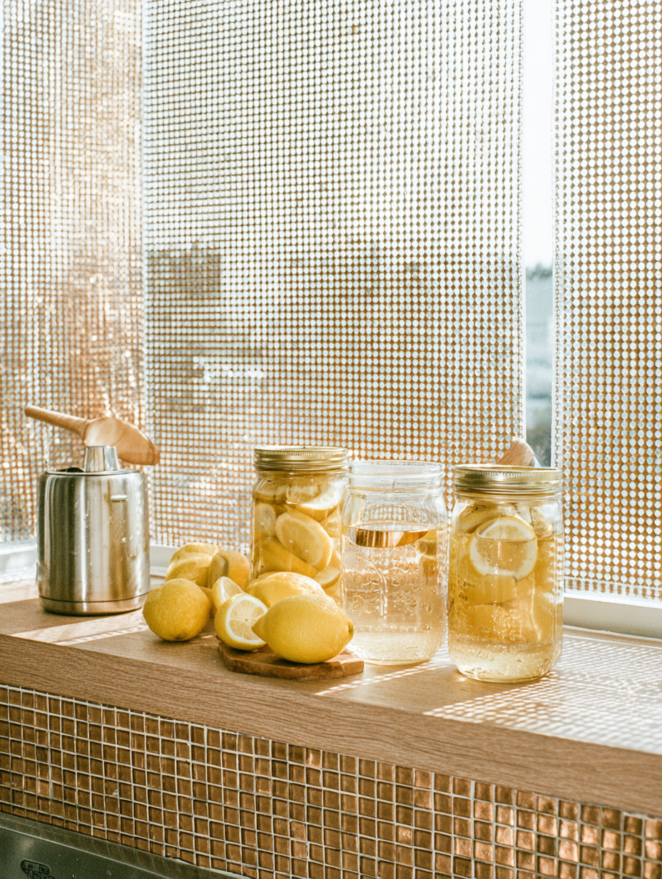 Cena iluminada pelo sol de uma cozinha com potes de vidro contendo limões fatiados e água, dispostos sobre bancada de madeira texturizada. A luz natural atravessa cortina perfurada, criando sombras geométricas. A composição é minimalista e serena, destacando tons amarelados e metálicos, com um ângulo ligeiramente elevado que realça a simplicidade e a tranquilidade do ambiente.