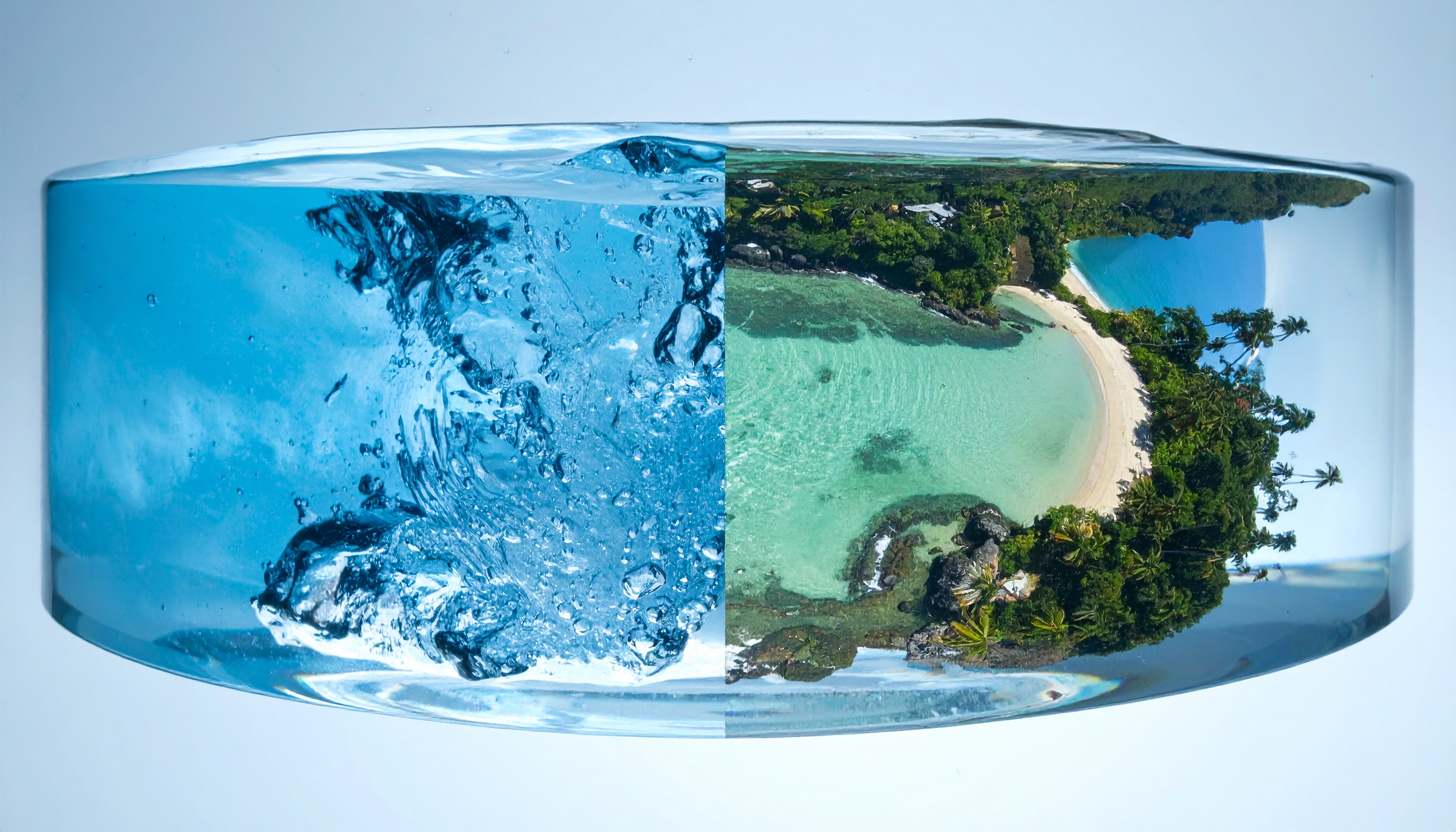 A striking visual blends a pristine beach and clear blue water in a semi-circular form