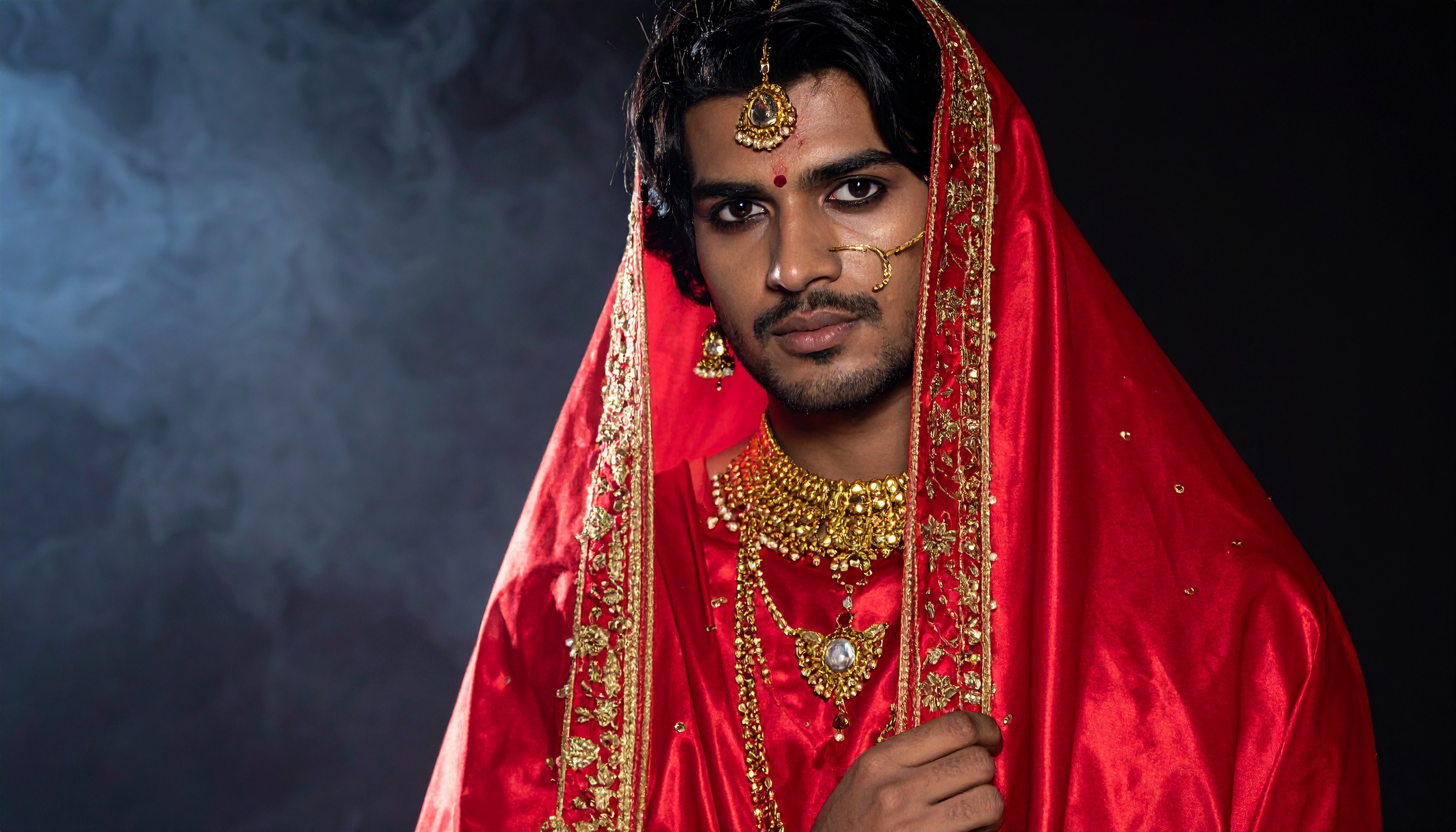 A person adorned in traditional Indian attire with ornate gold jewelry