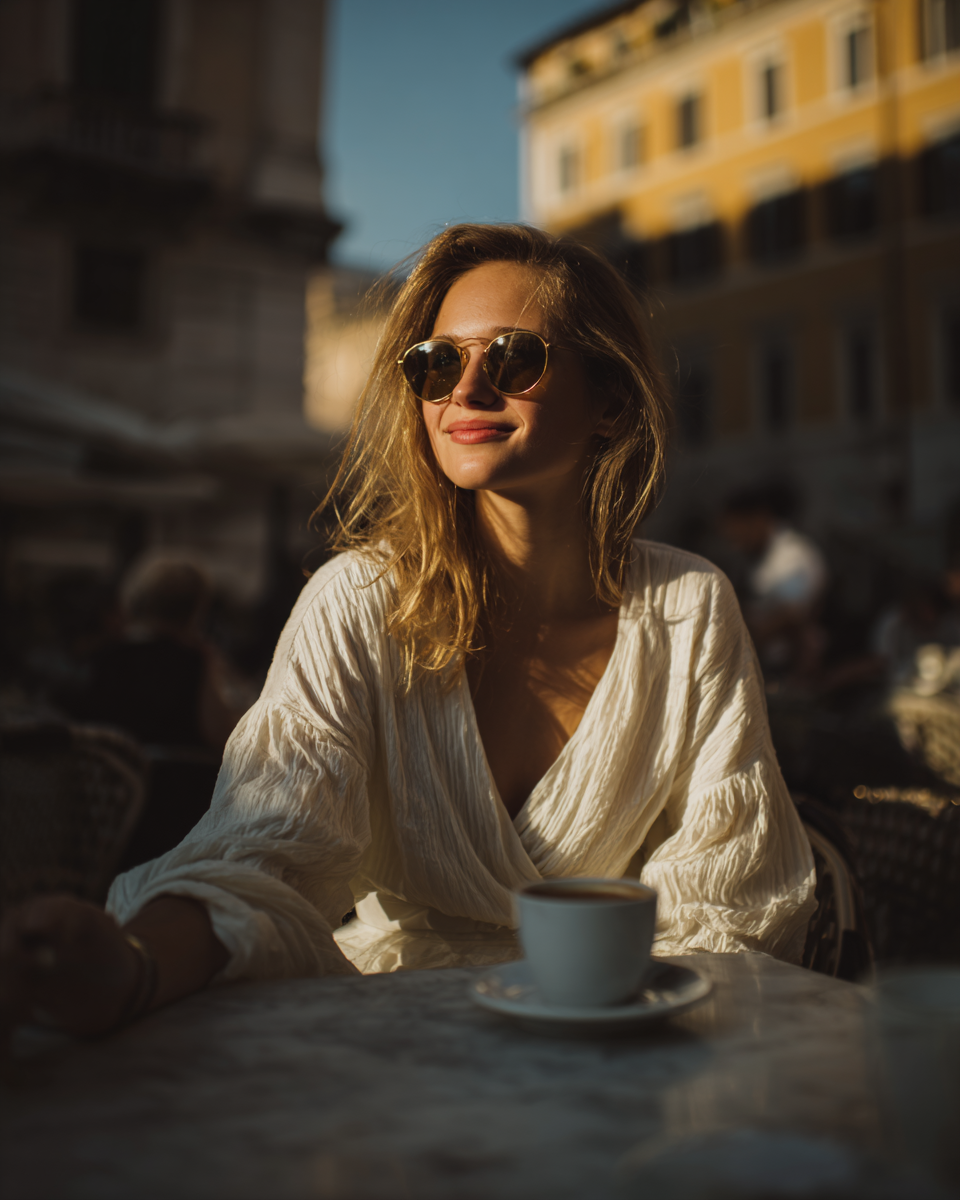 A imagem retrata uma mulher sentada em uma mesa de café, iluminada por luz suave do sol poente. Ela usa óculos escuros e uma blusa de tecido leve e texturizado, que reflete a luz quente do ambiente. O fundo é composto por edifícios em tons de amarelo e detalhes arquitetônicos, enquanto a mesa de mármore apresenta um café em uma xícara branca.