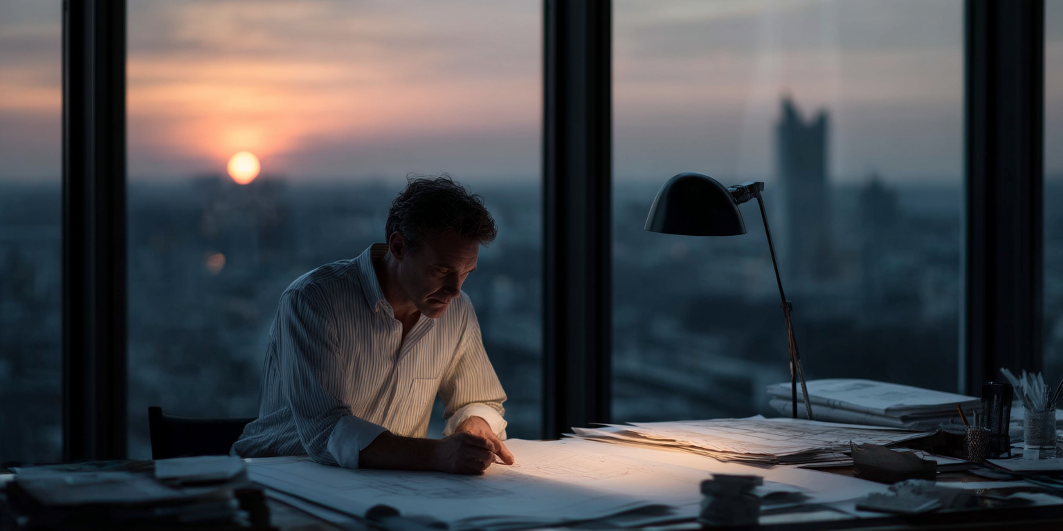 Um homem concentrado trabalha em um projeto de arquitetura ou design em uma mesa iluminada, com uma vista impressionante da cidade ao pôr do sol. O ambiente é moderno e sofisticado, destacando papéis e ferramentas de trabalho ao redor.