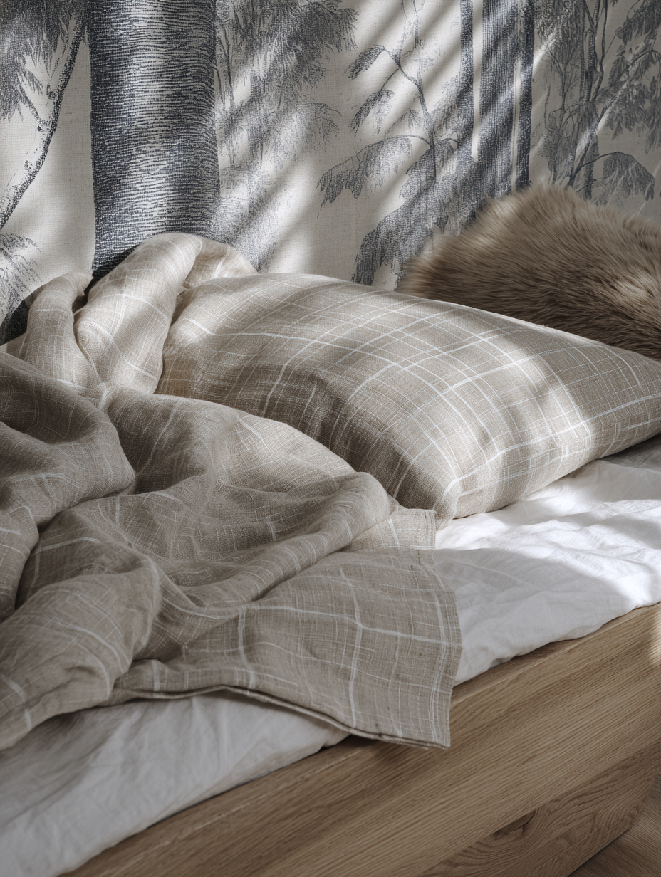 Cama com lençóis de linho bege e travesseiro de pelo em quarto iluminado por luz natural, criando sombras suaves em papel de parede com padrão de floresta, estilo rústico e acolhedor.