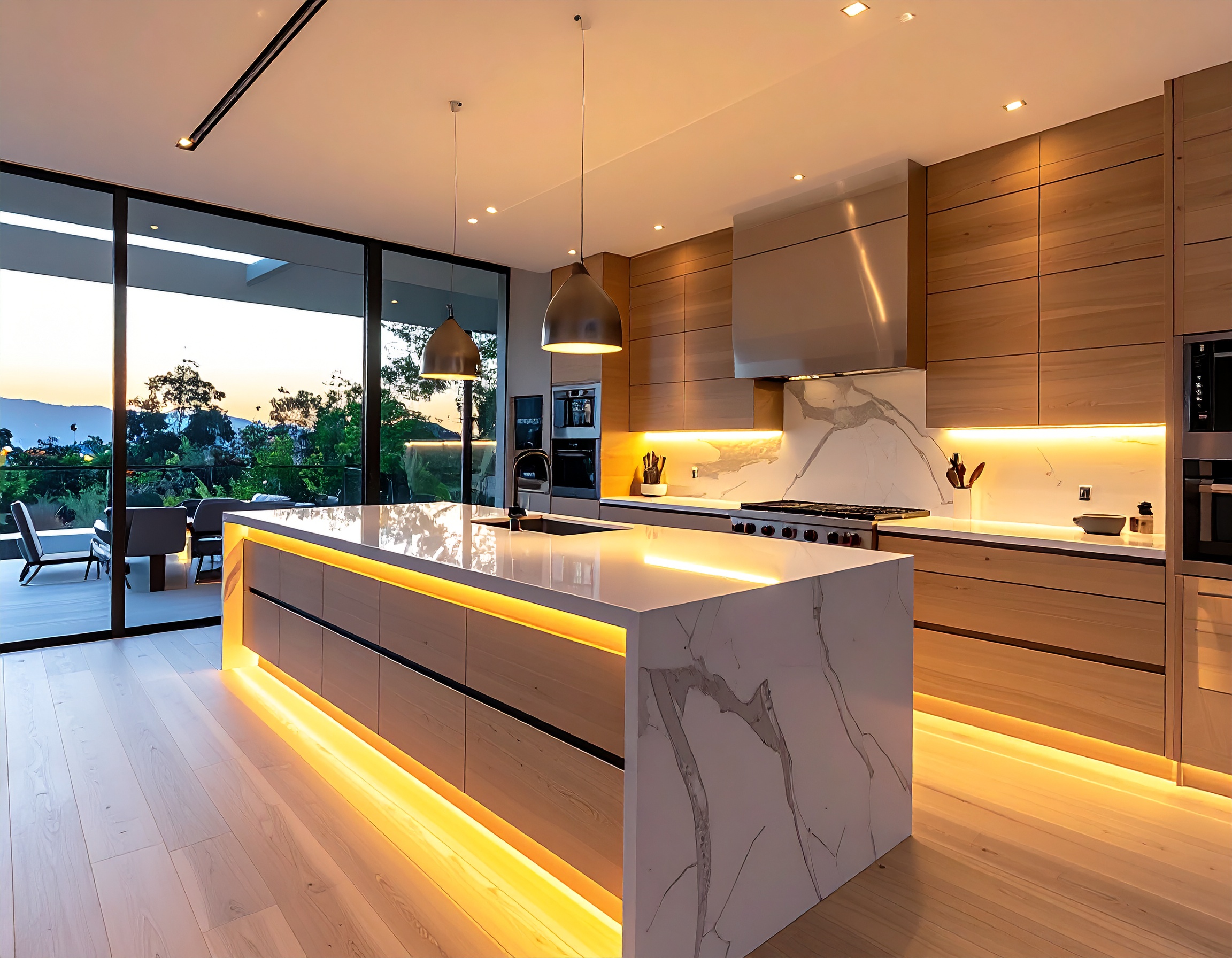 Cozinha moderna e elegante com ilha central iluminada por LED, bancada de mármore e armários de madeira clara, proporcionando uma atmosfera sofisticada e acolhedora ao pôr do sol com vista para a natureza.