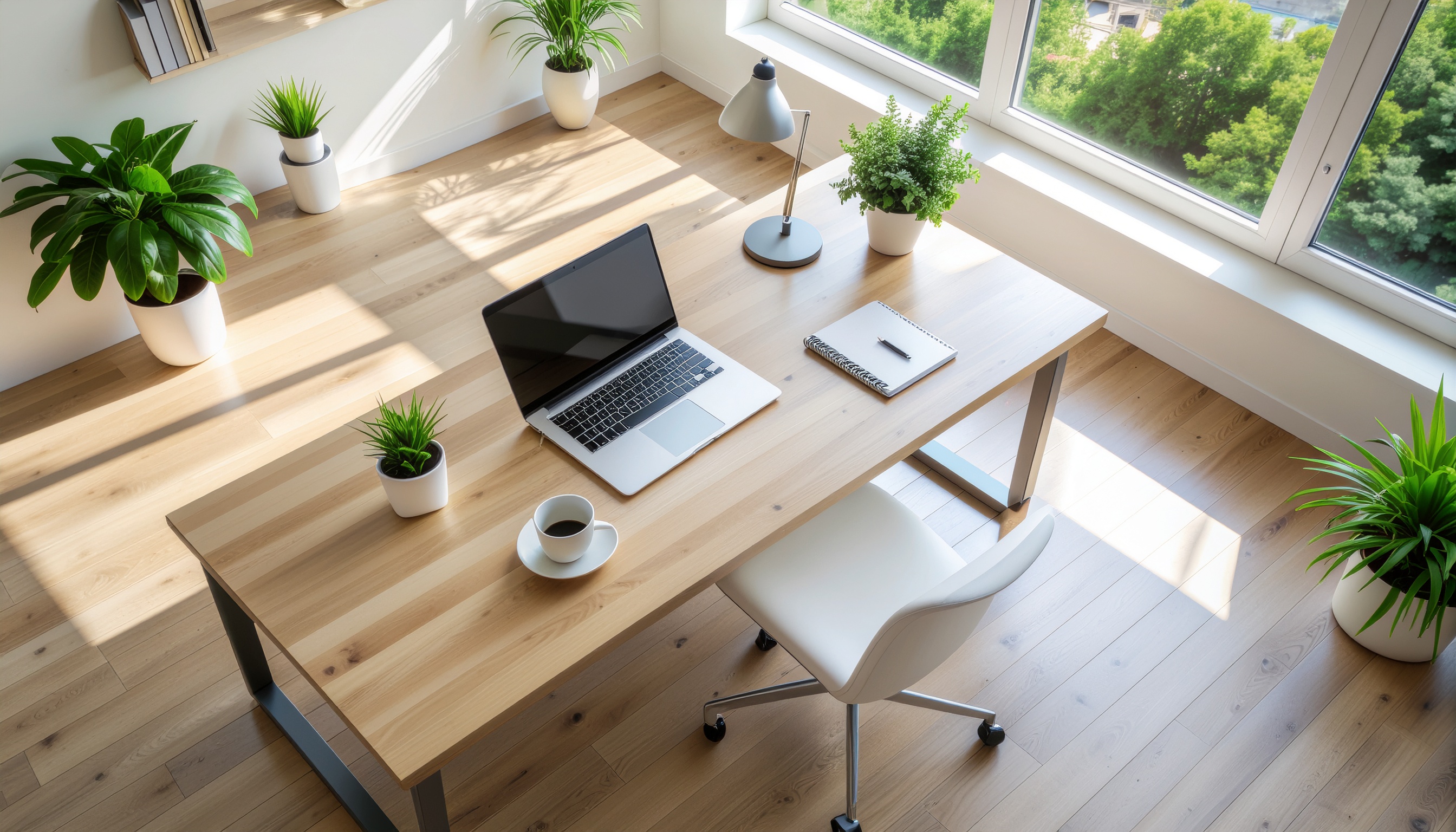 Escritório minimalista e iluminado por luz natural, com mesa de madeira clara, laptop, caderno e várias plantas verdes em vasos brancos, criando uma atmosfera tranquila e produtiva.