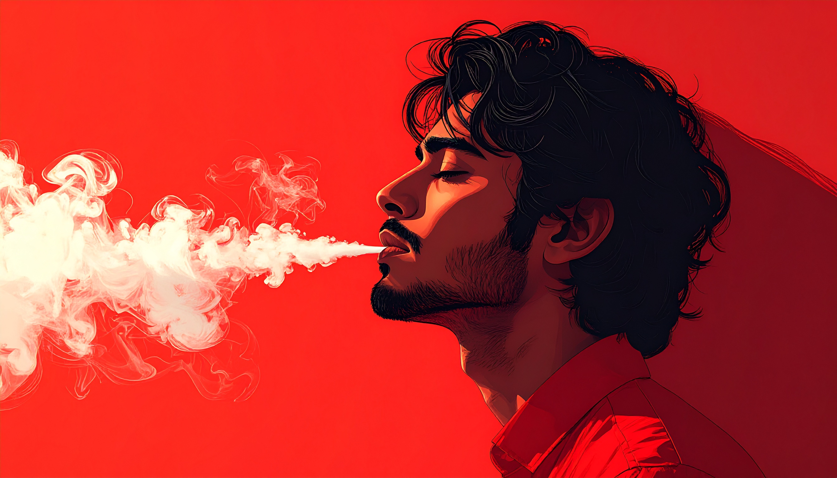 A person exhales a cloud of smoke against a vibrant red background