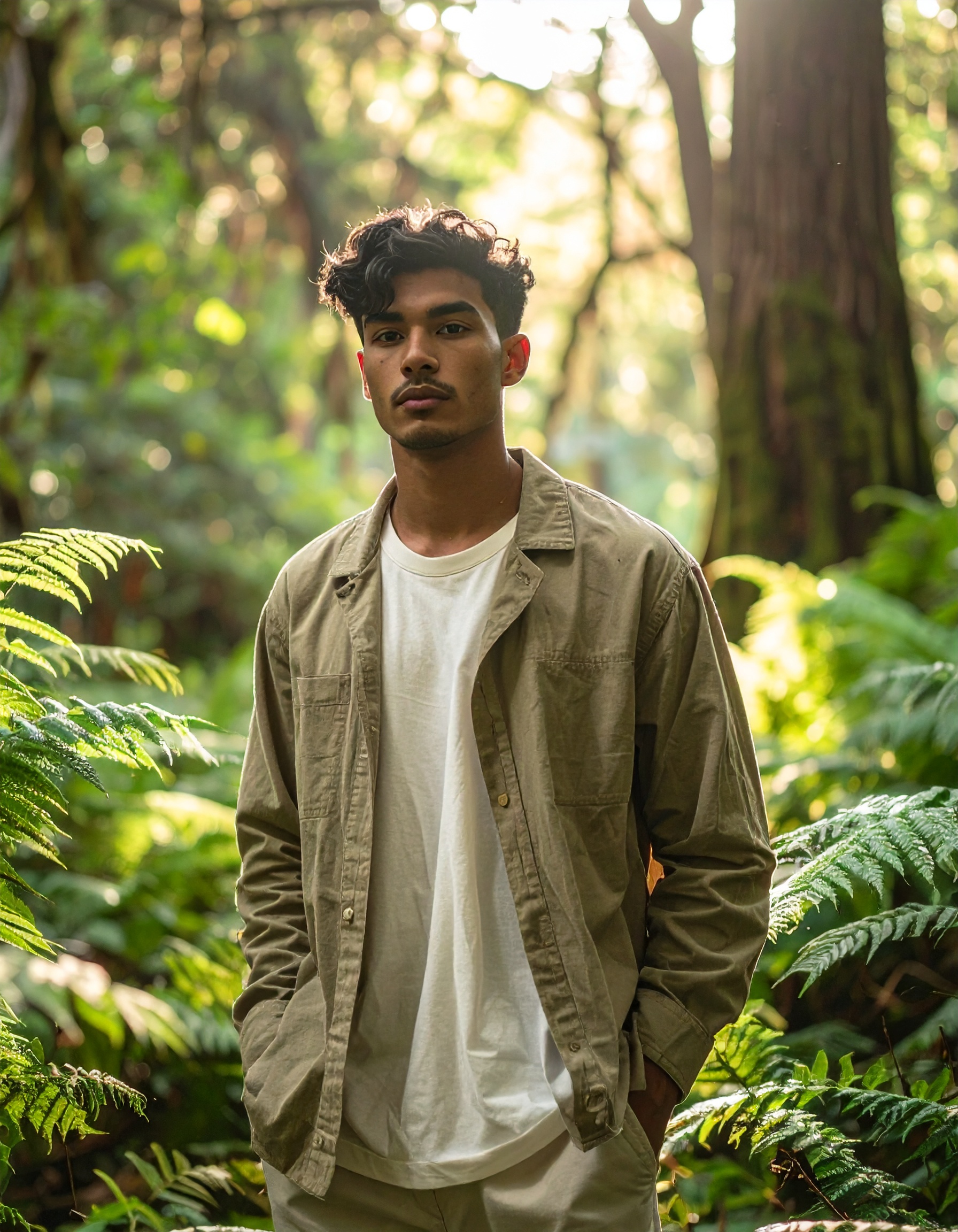 A young man stands in a sunlit forest wearing a casual beige jacket and white t-shirt
