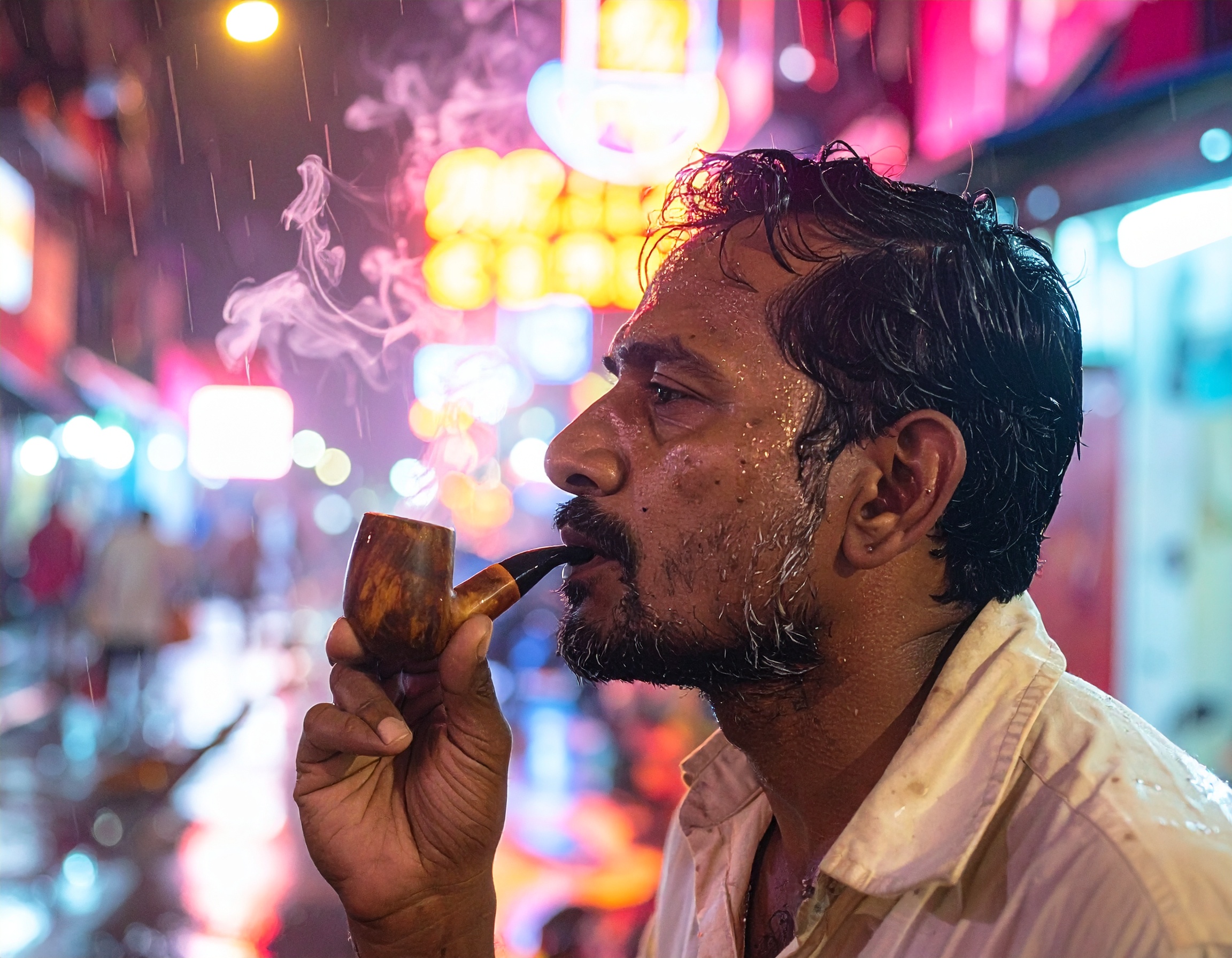 A man smokes a pipe under neon city lights during a rainy evening